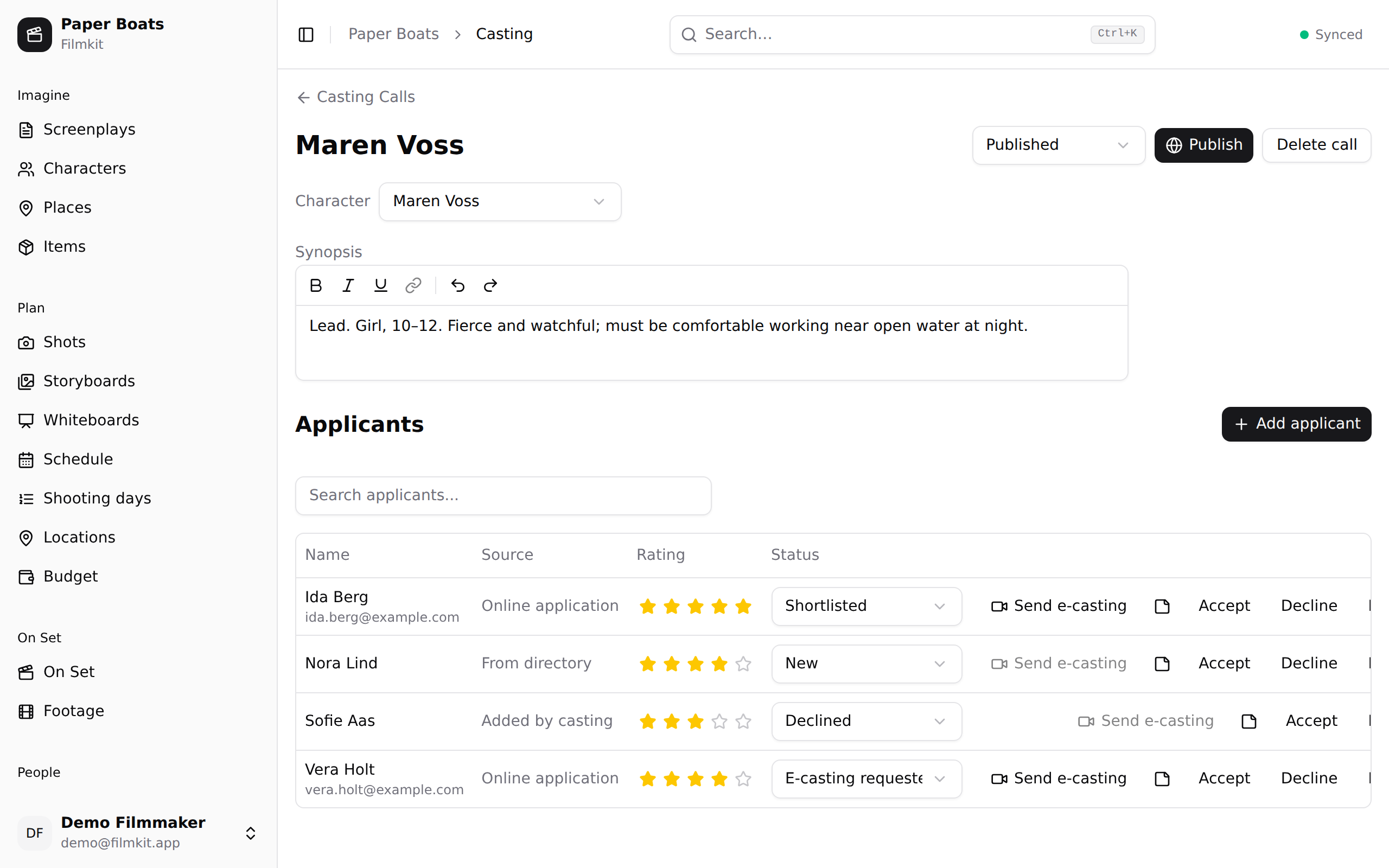 Reviewing applicants for a role — shortlist, rate, and request self-tapes.