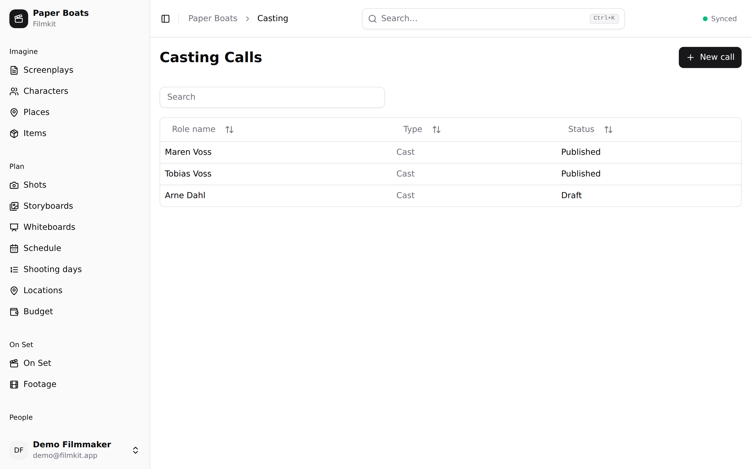 Casting calls for the project — open roles and their status.