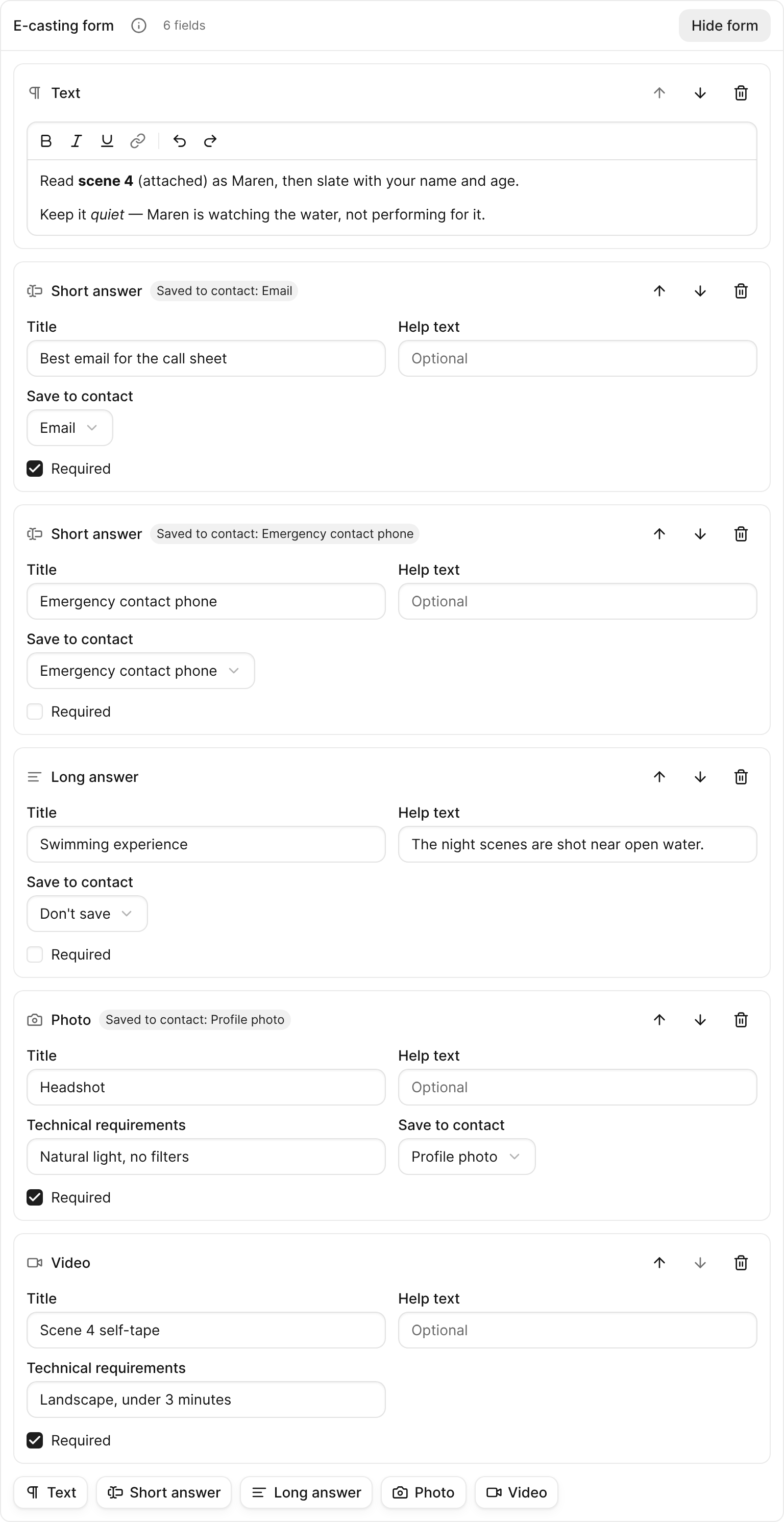 A role's e-casting form with text, answer, photo and video fields