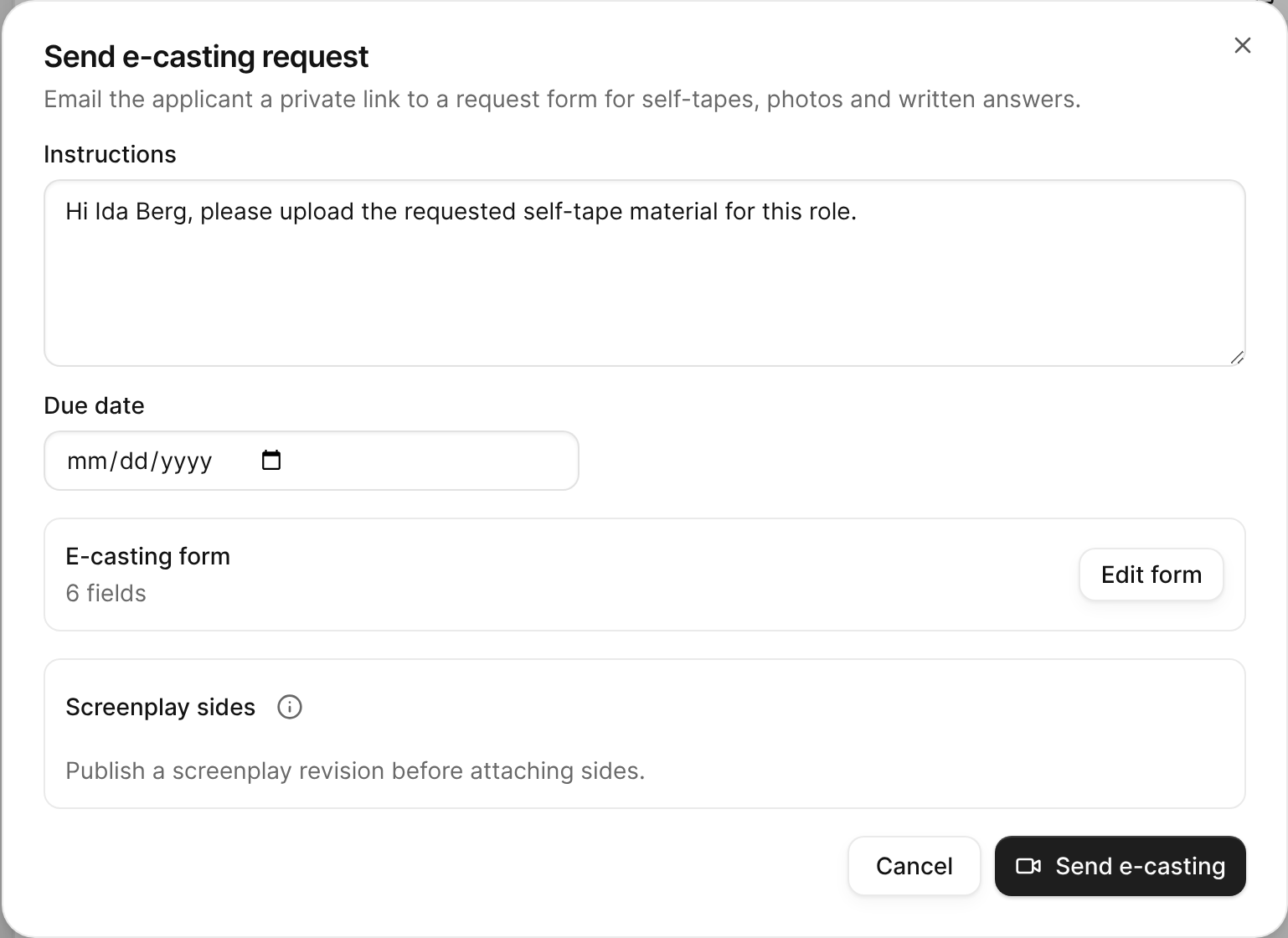The Send e-casting request dialog with the personal message, due date, the role's e-casting form, and screenplay sides.