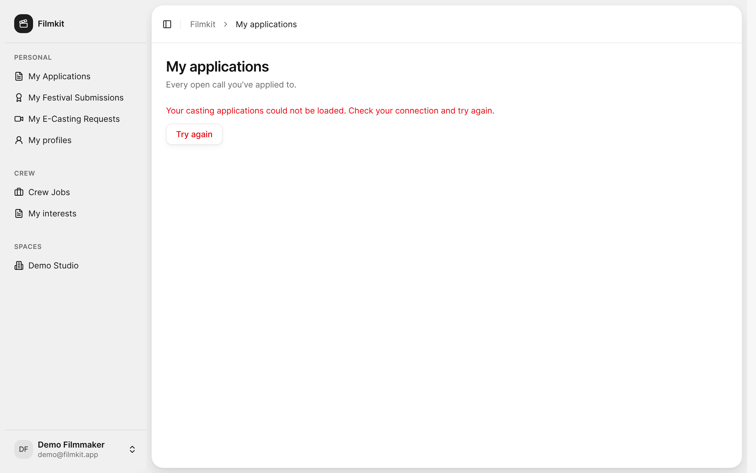 The My applications page listing the calls you applied to.