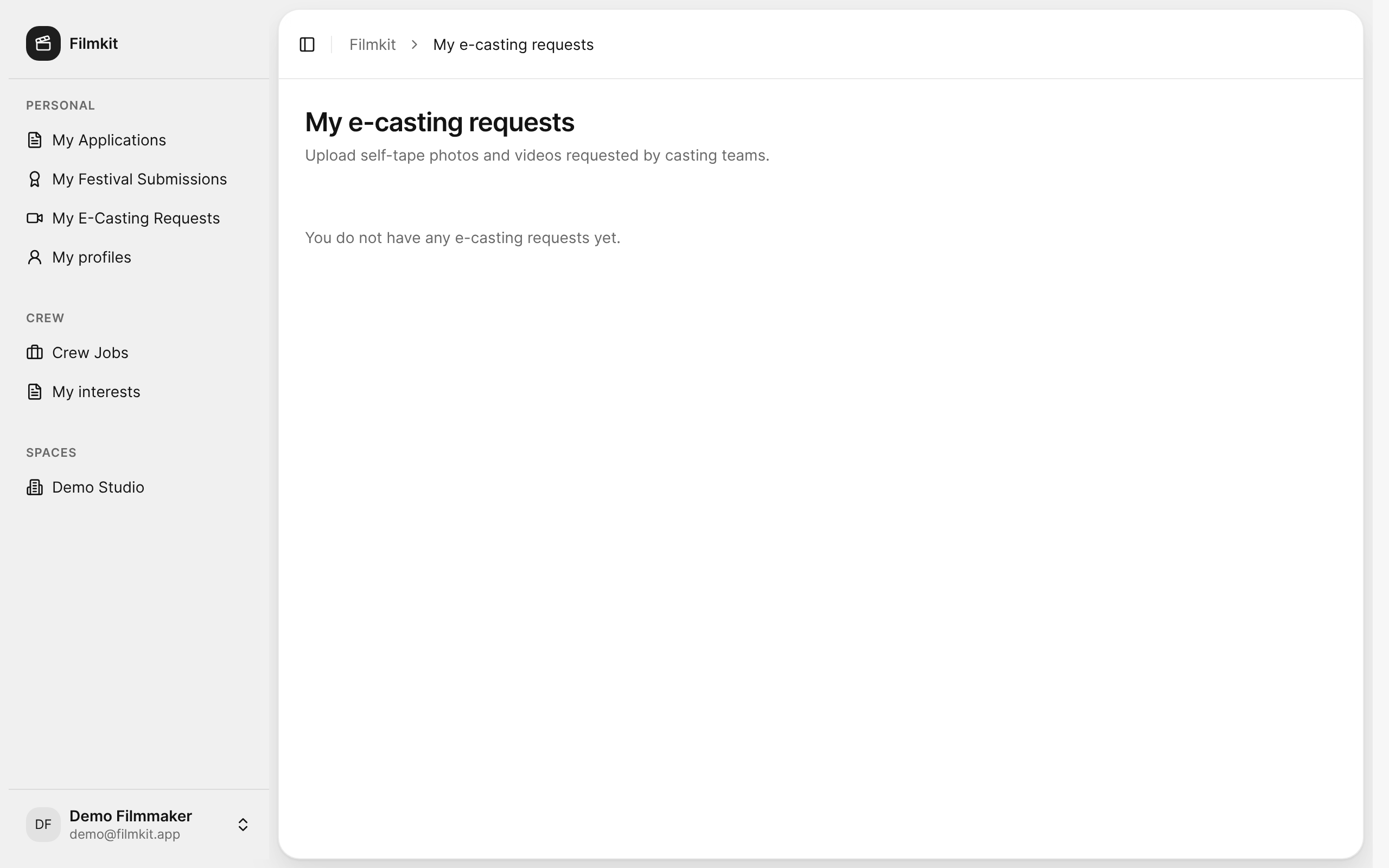 The My e-casting requests page for uploading requested self-tapes.