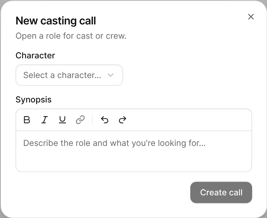 The New casting call dialog with Character and Synopsis fields.