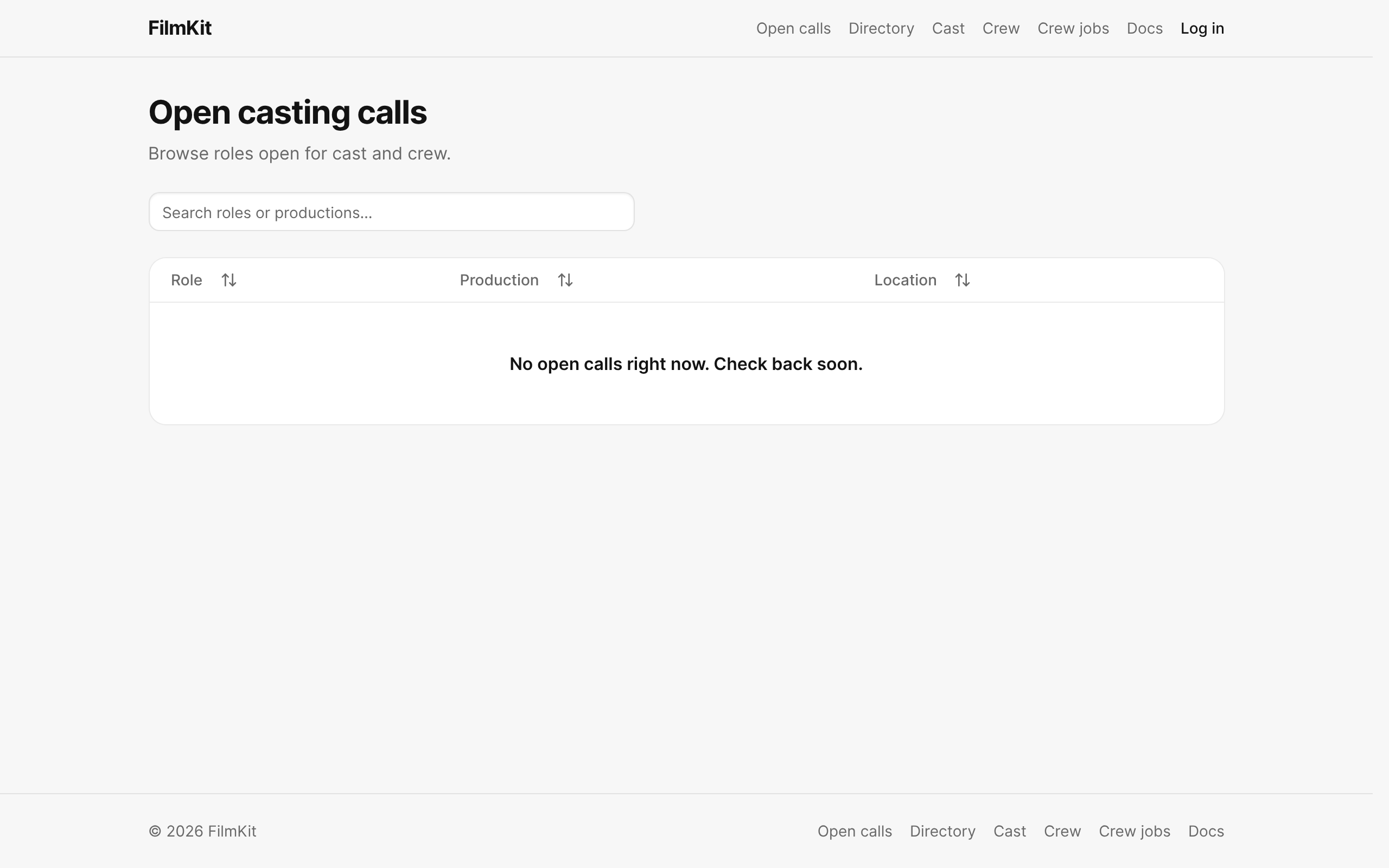 The public Open casting calls page listing roles, productions, and locations.