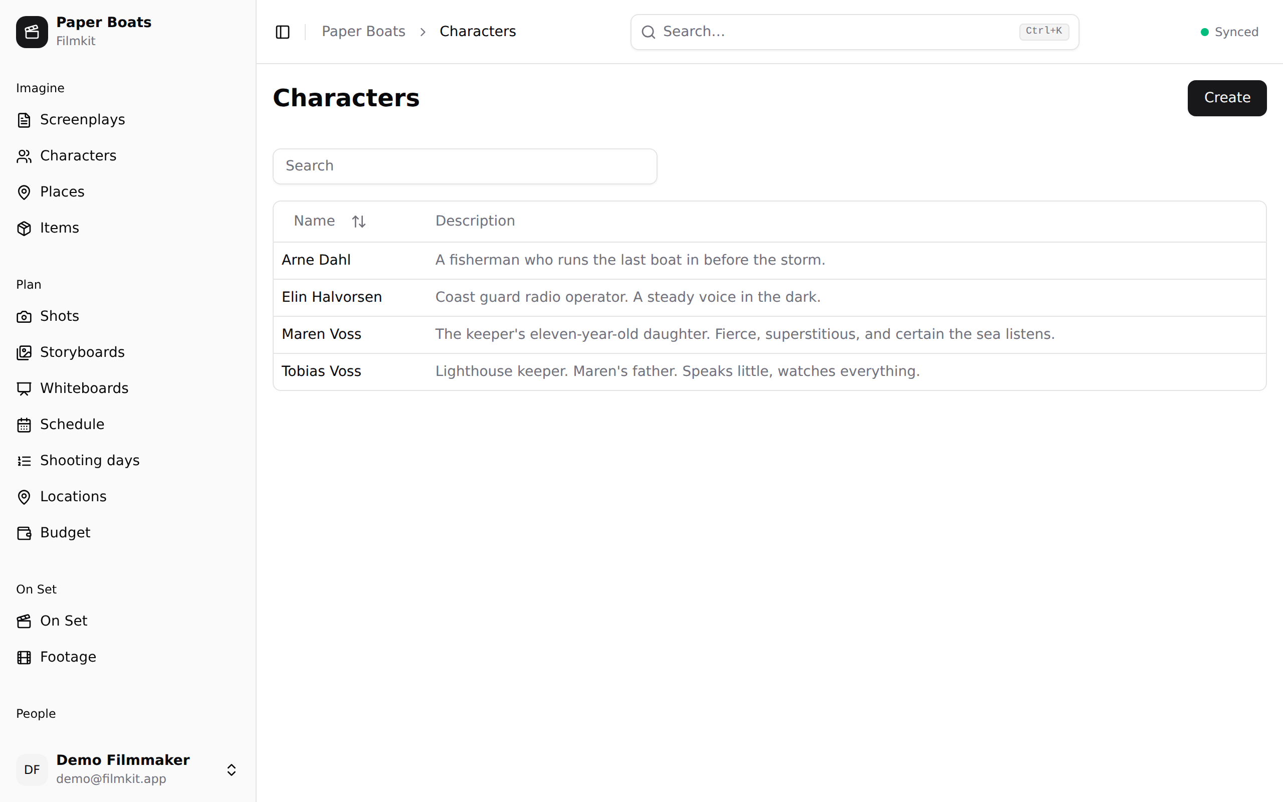 The character catalog — every role in the production, with its bible and casting.