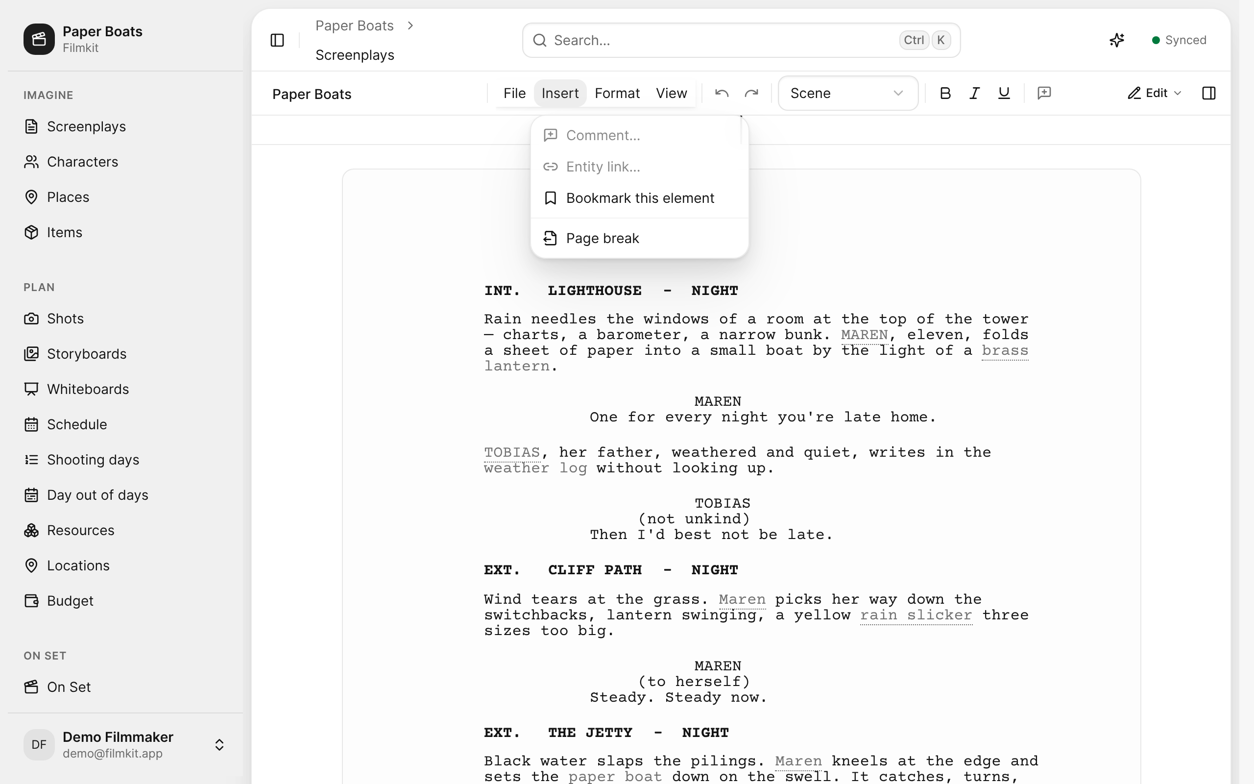 The Insert menu in the screenplay editor, with Entity link selected.