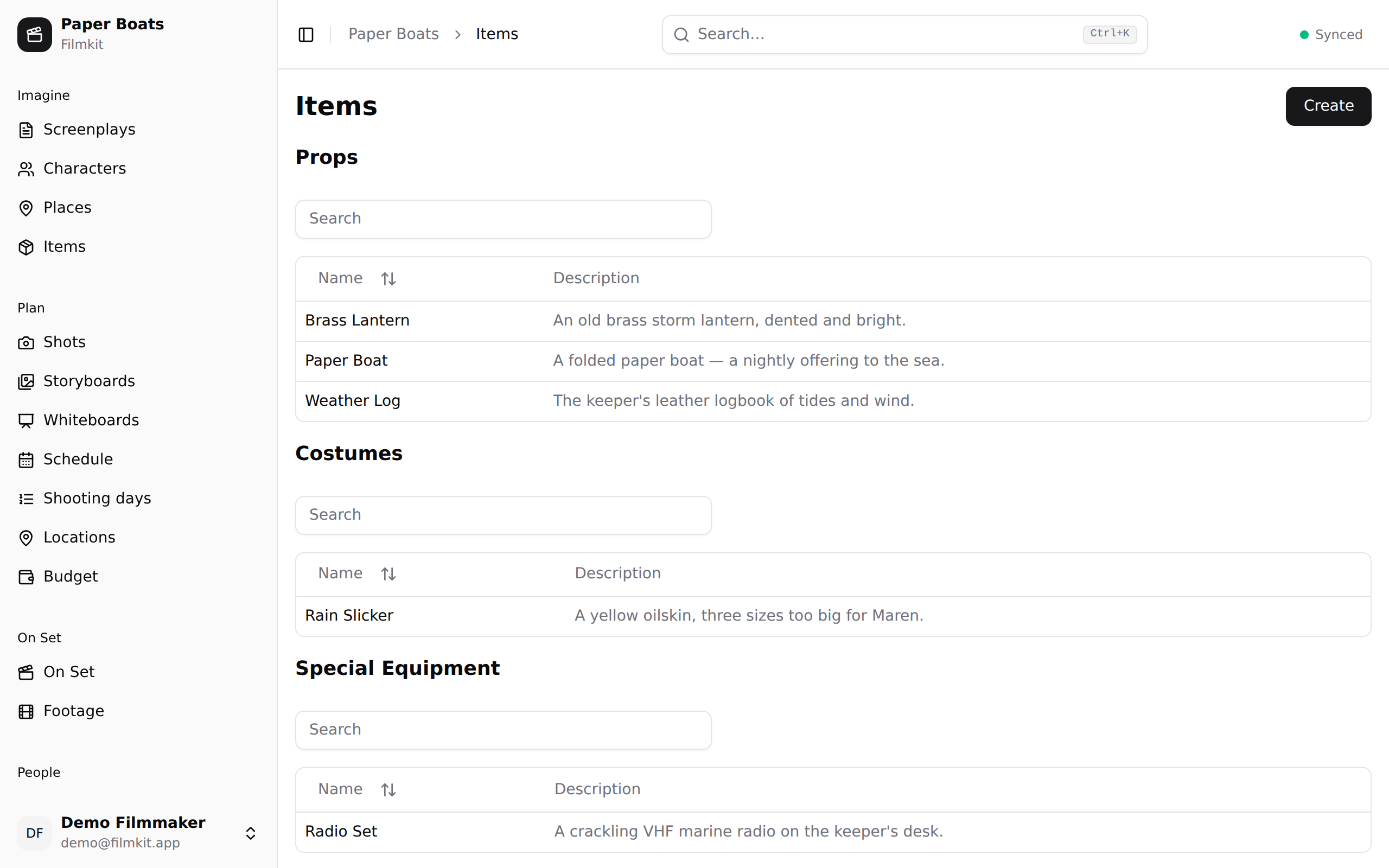 Items — props, costumes, vehicles, and effects, grouped by breakdown category.