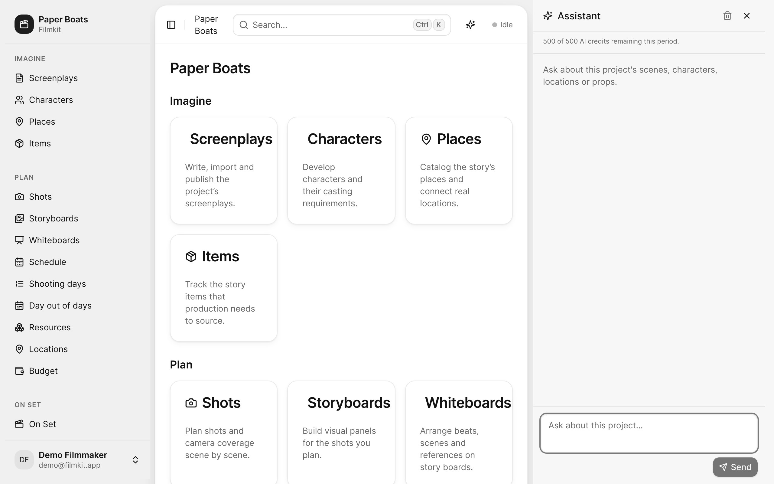 The project assistant open beside the Paper Boats project overview, showing the AI credit balance and the message field.