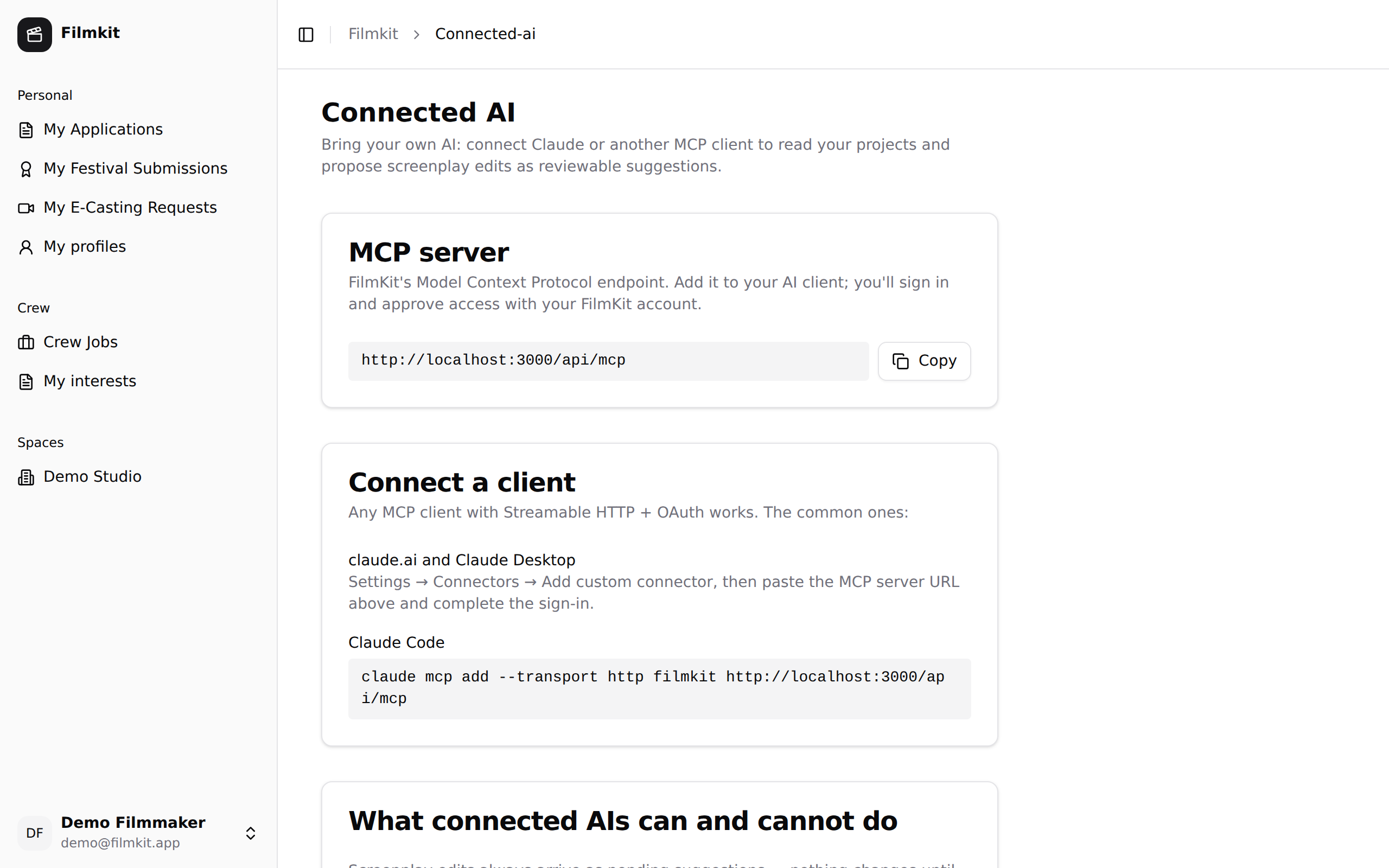Connected AI settings — your MCP endpoint, client setup, and safety notes.