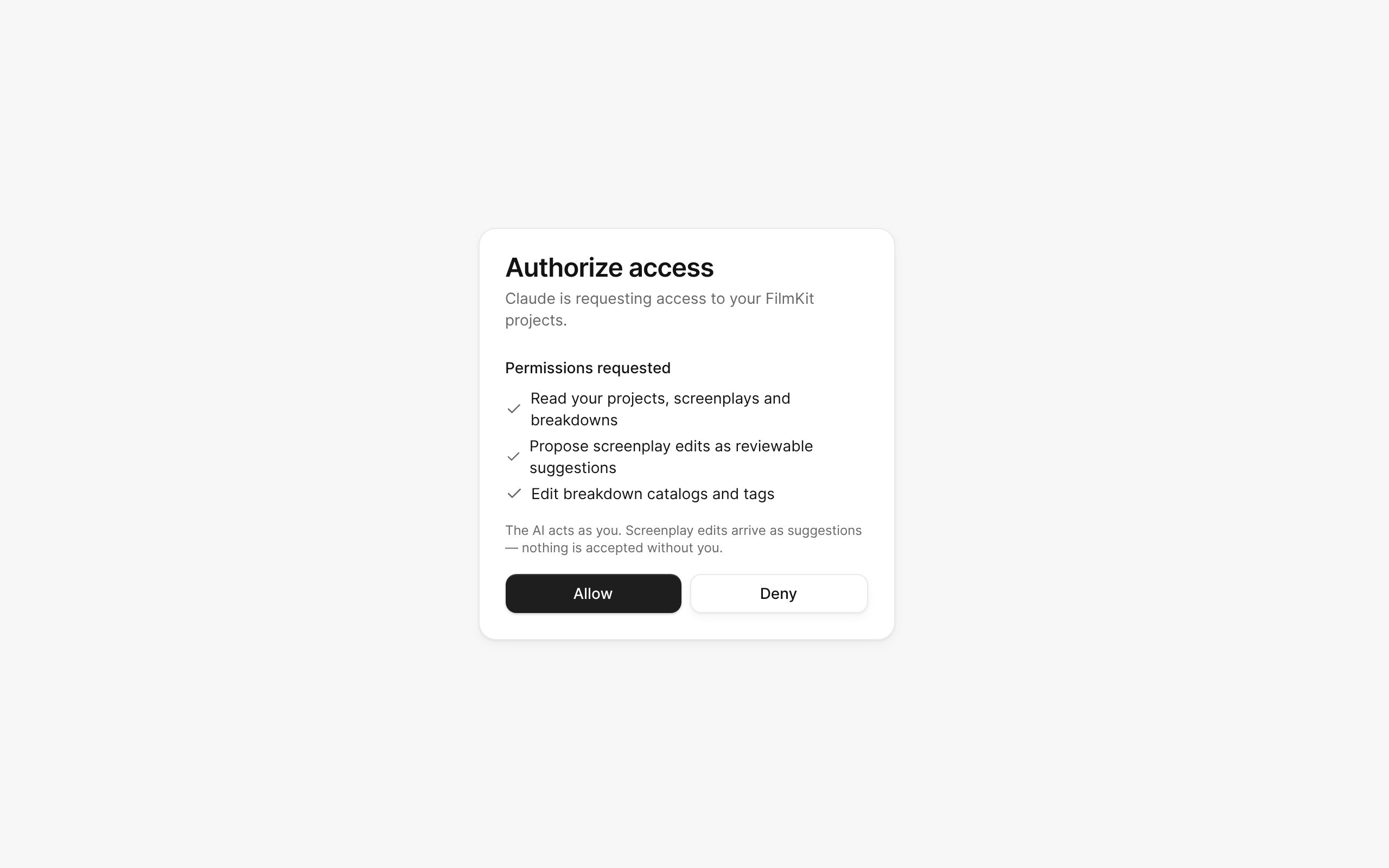 The Authorize access screen listing the permissions an AI client requests.