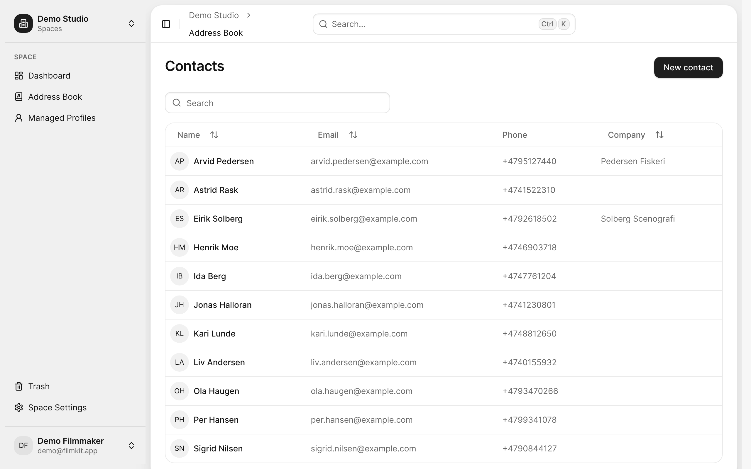 The space address book listing contacts with their email, phone, and company.