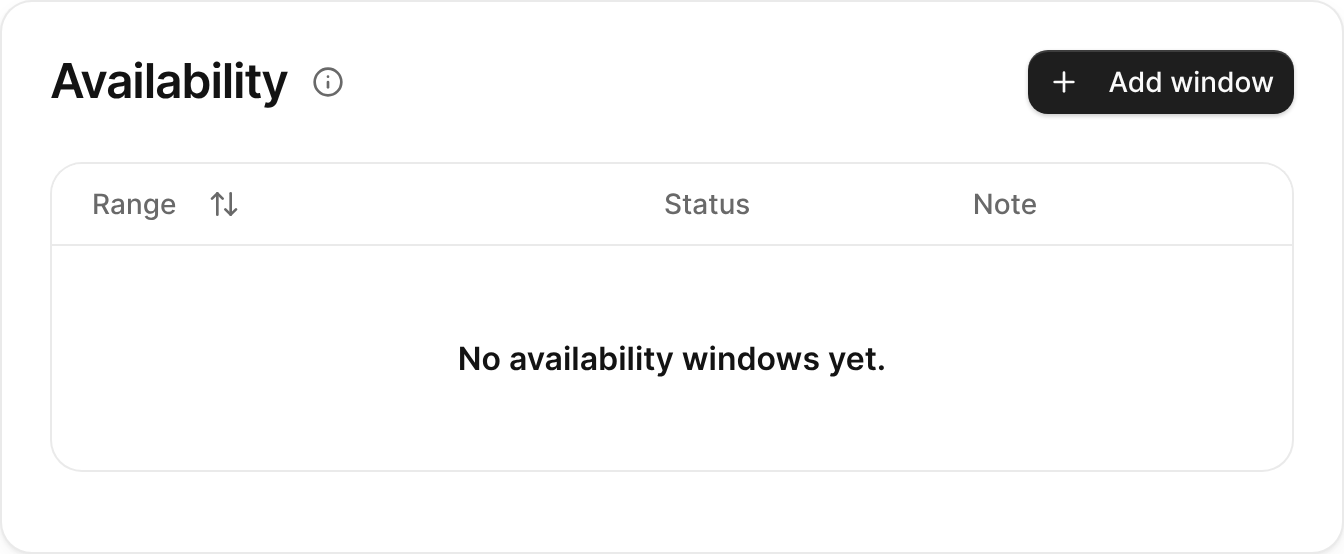 A contact's Availability card listing dated windows with their status.