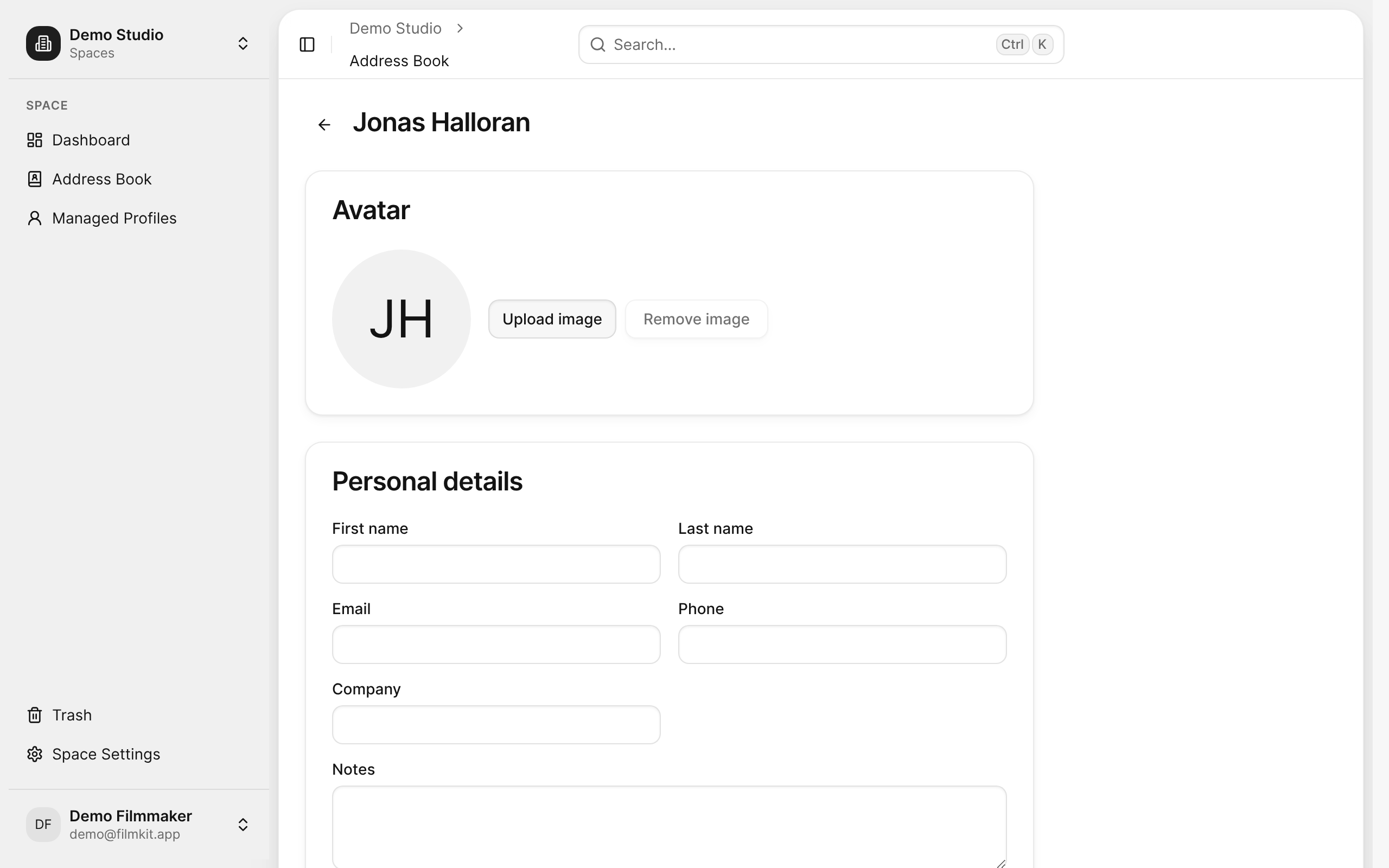 A contact's detail page with the Avatar and Personal details cards.