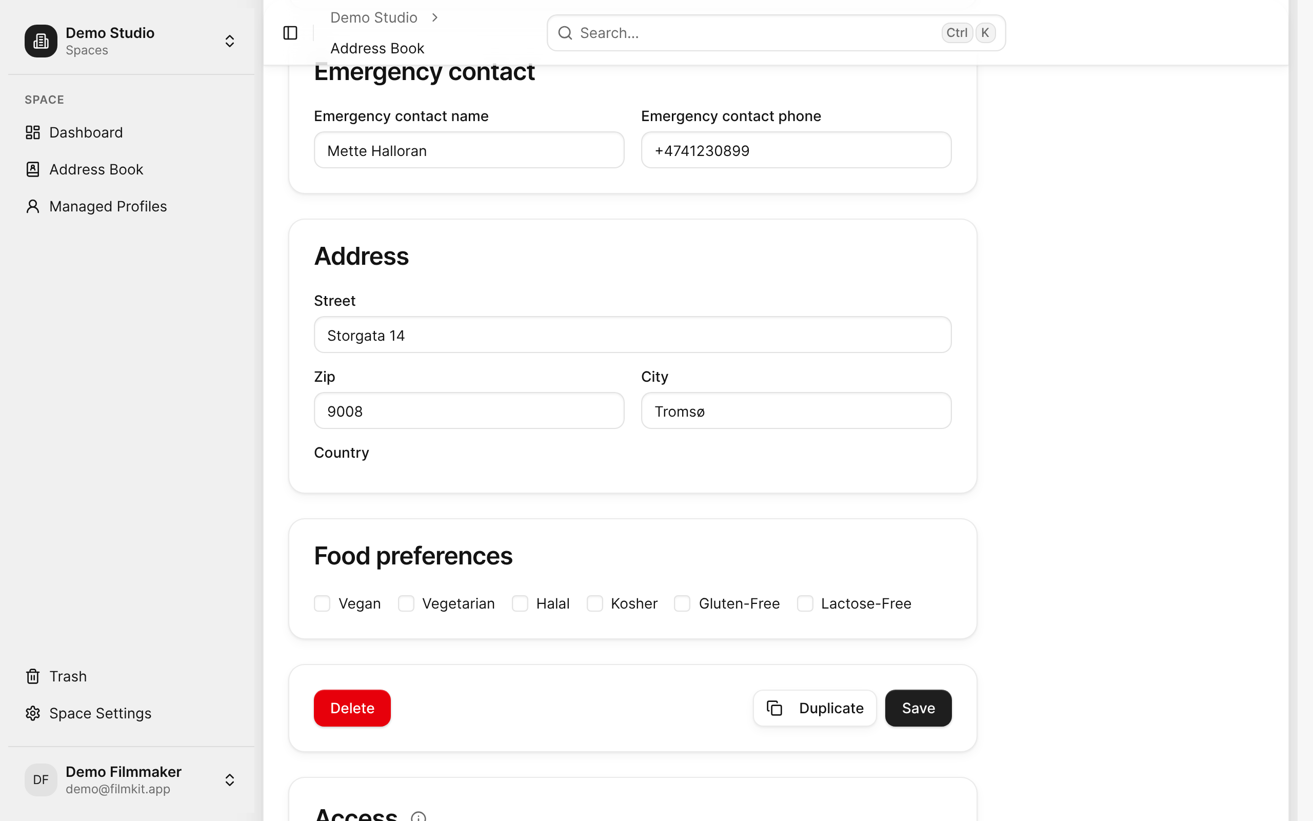 The Emergency contact, Address, and Food preferences cards on a contact's page.