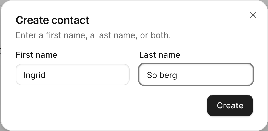The Create contact dialog with a first and last name entered.