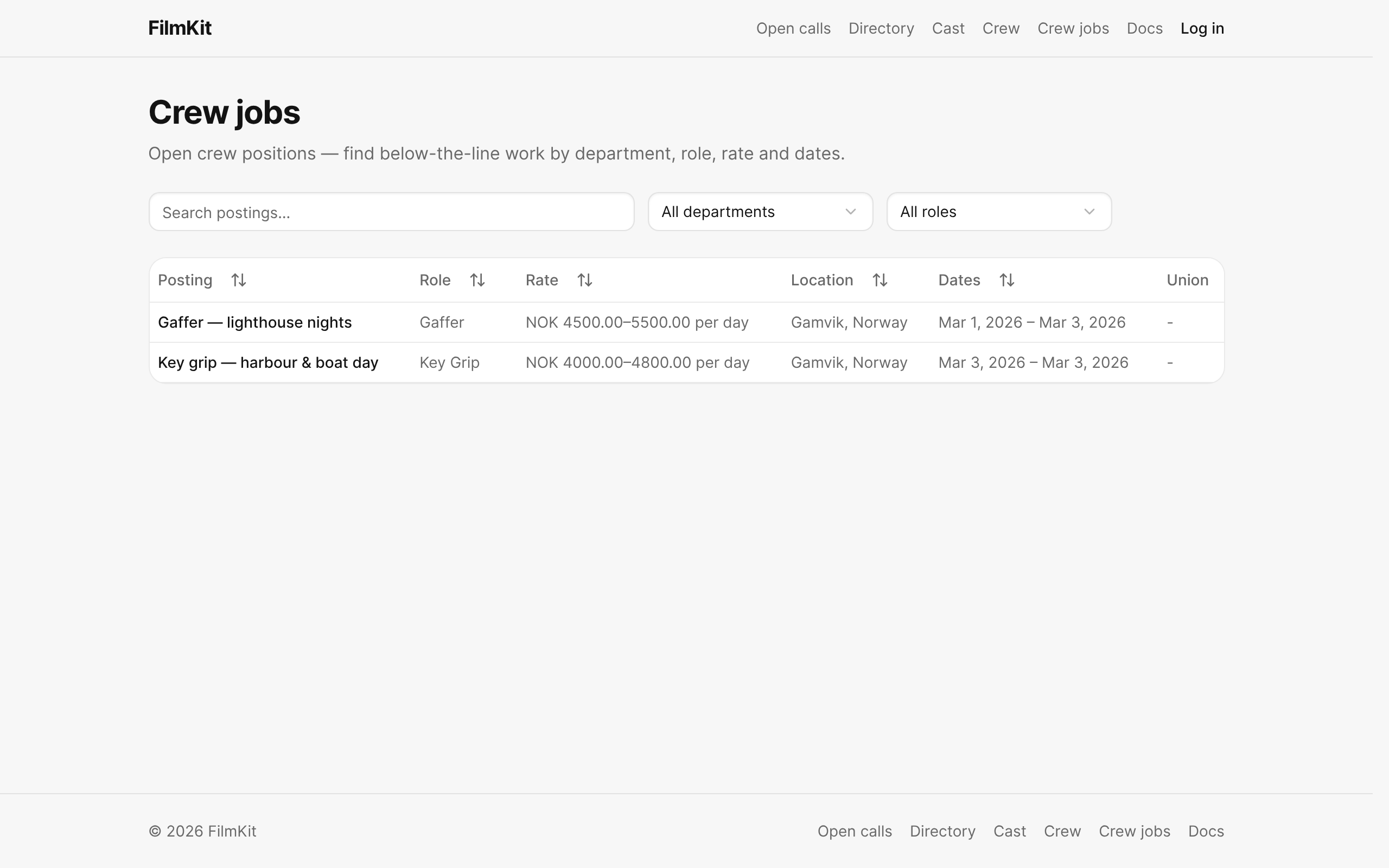 The public crew jobs board with rates, locations and dates