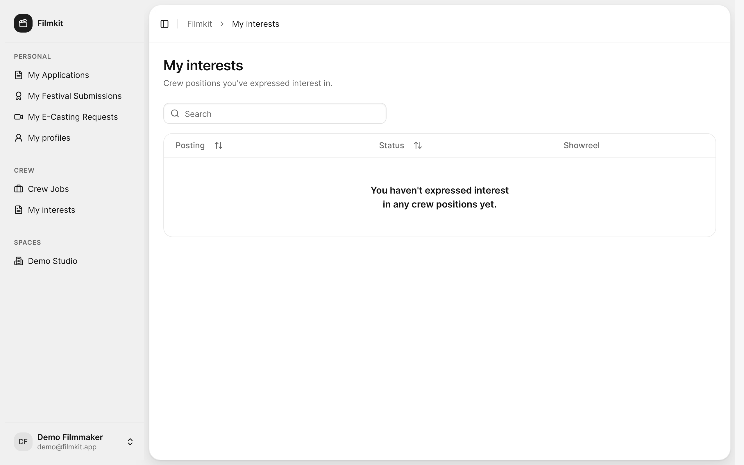The My interests page listing crew postings you responded to.