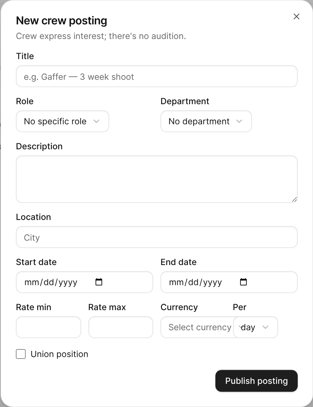 The New crew posting dialog with title, role, dates, rate, and union fields.