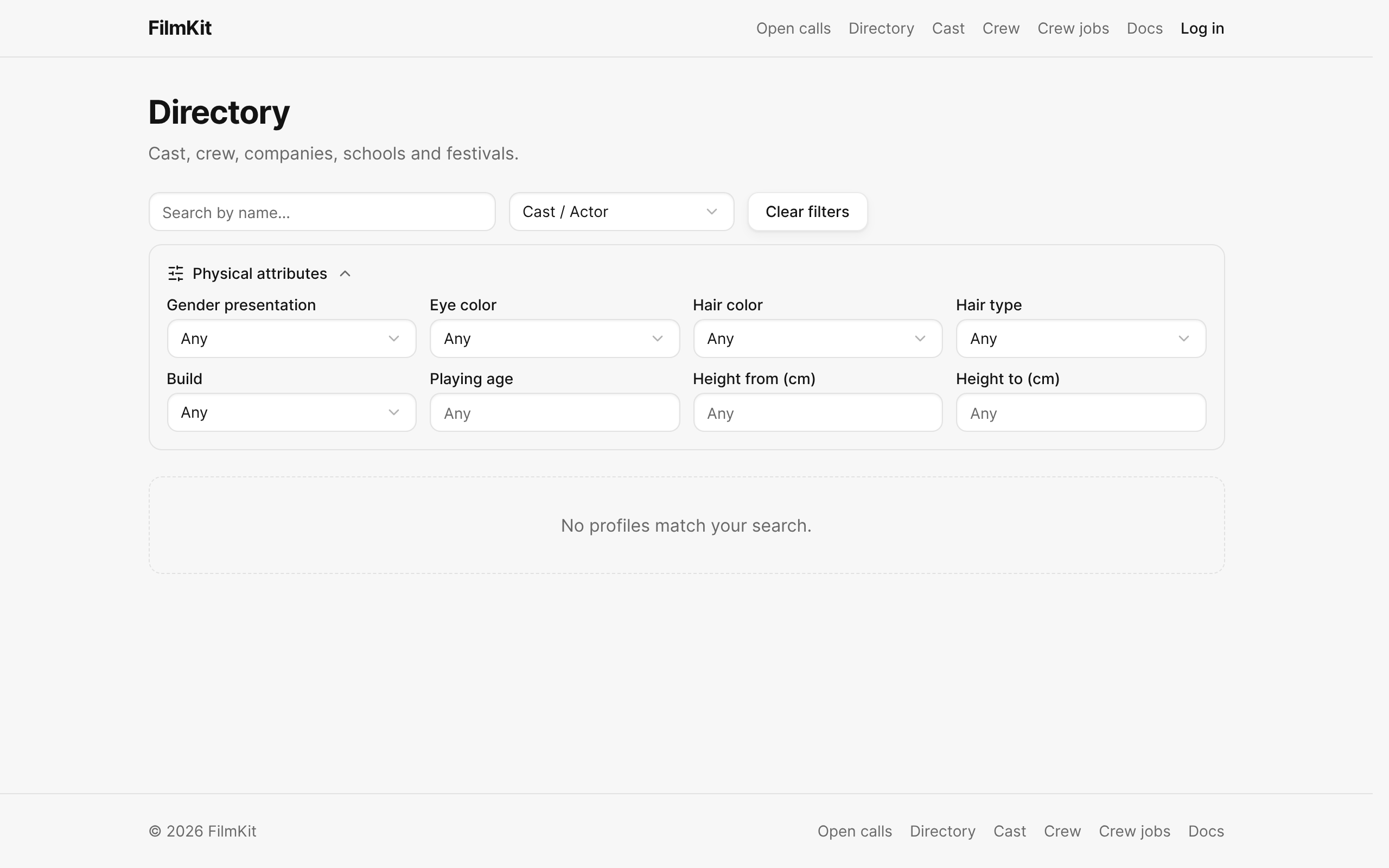 The public directory filtered to cast, with physical attribute filters