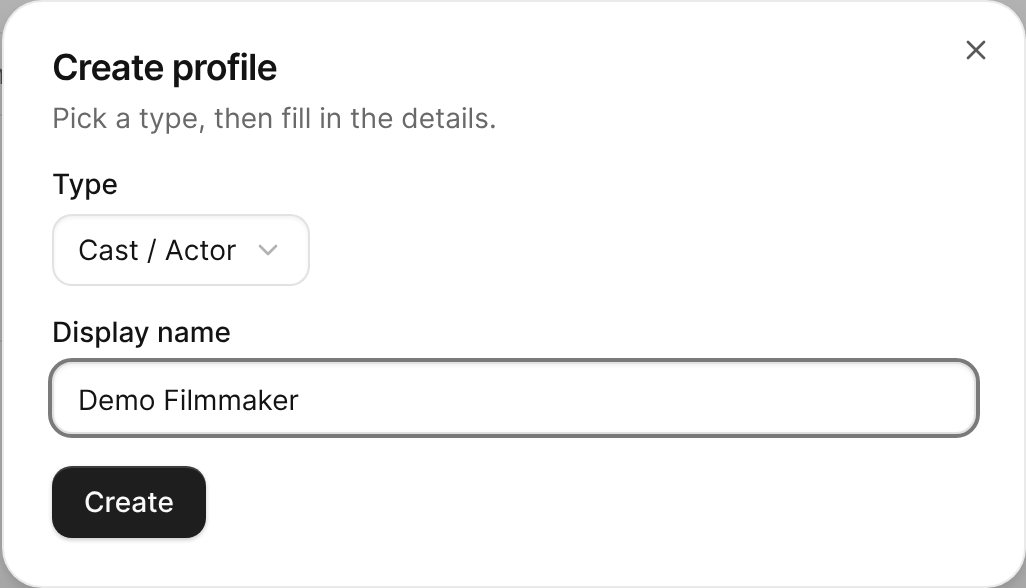 The Create profile dialog with the Cast / Actor type selected and a display name entered.