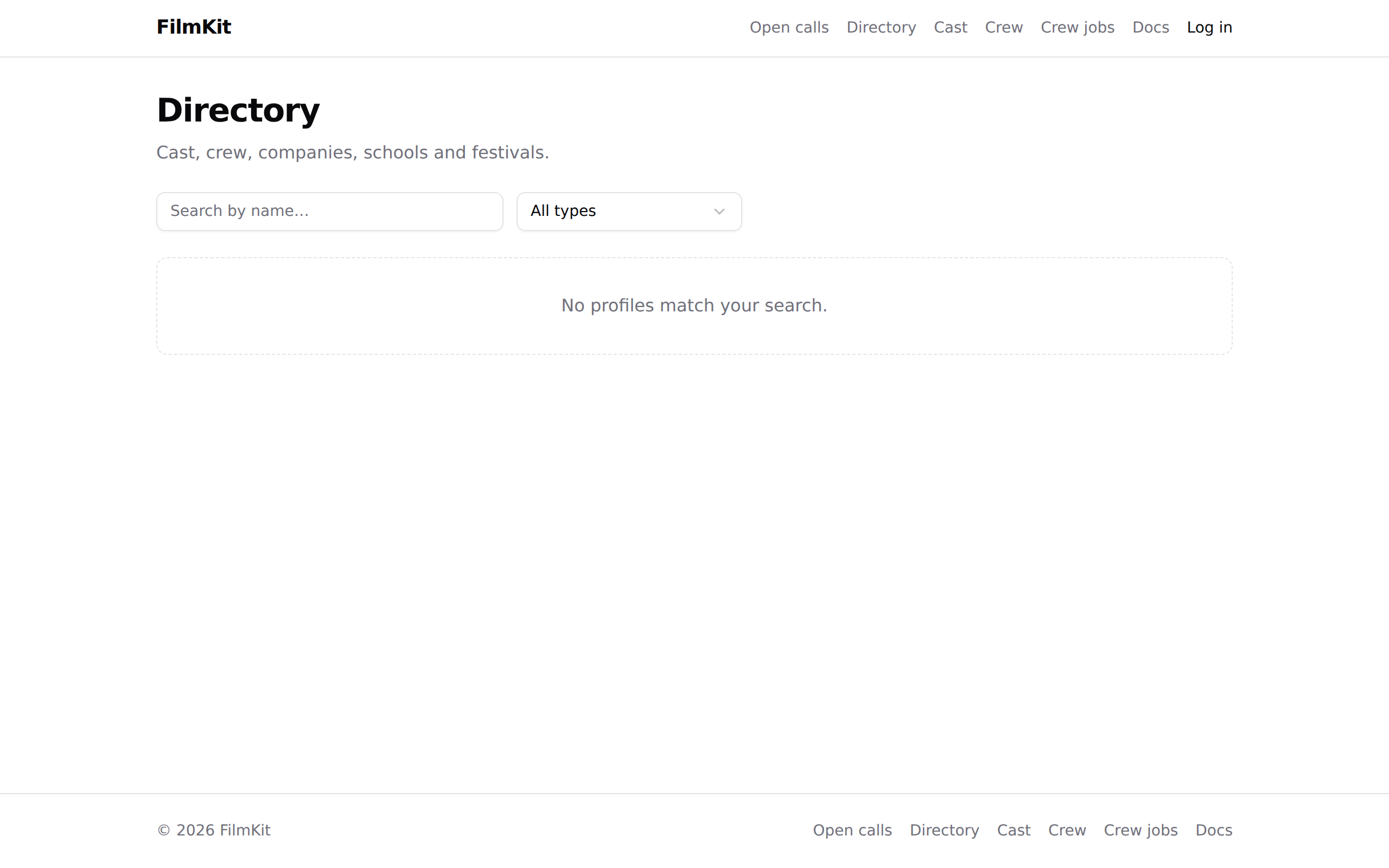 The public directory — search and filter cast, crew, and organizations.