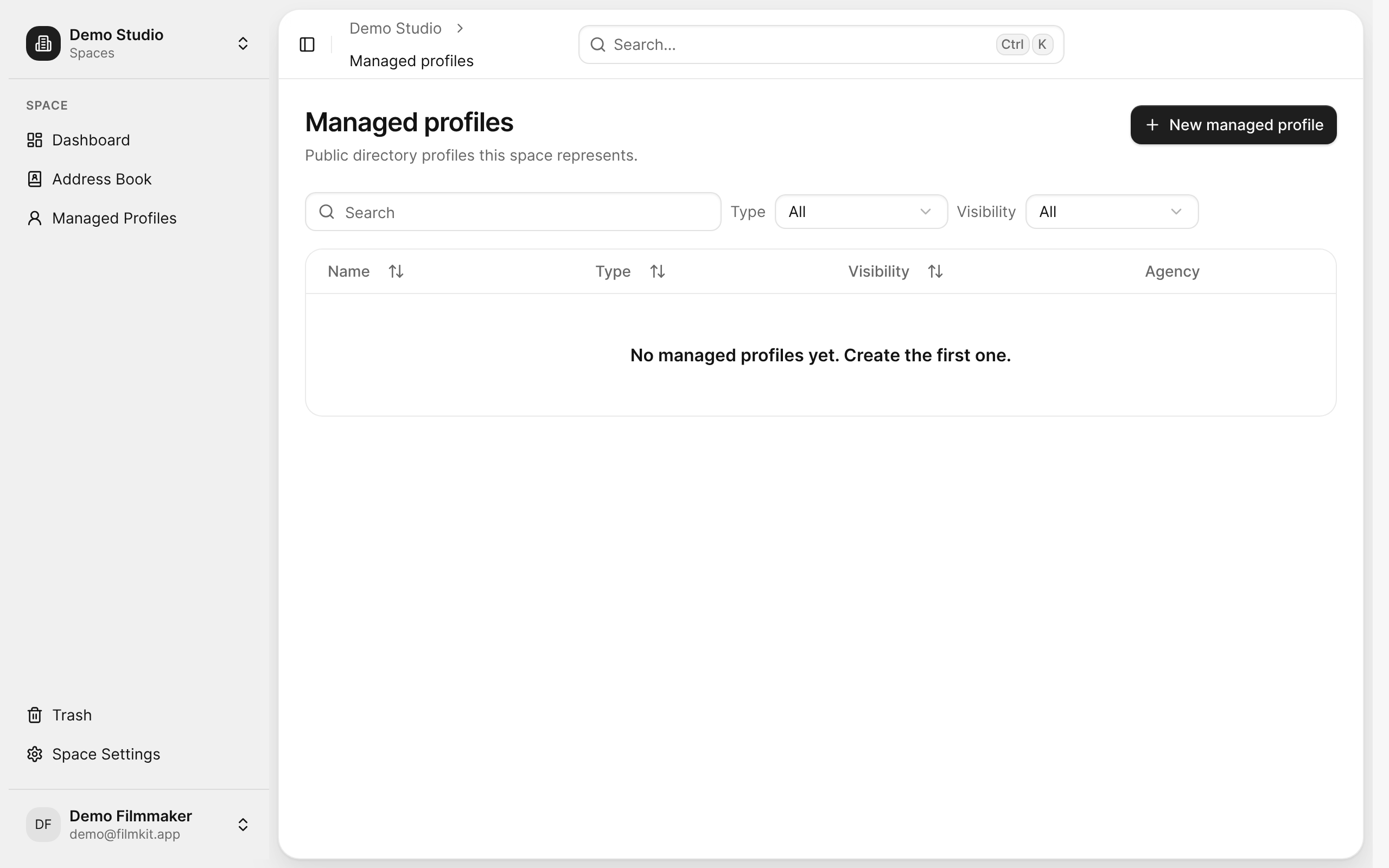 The Managed Profiles page of the Demo Studio space.