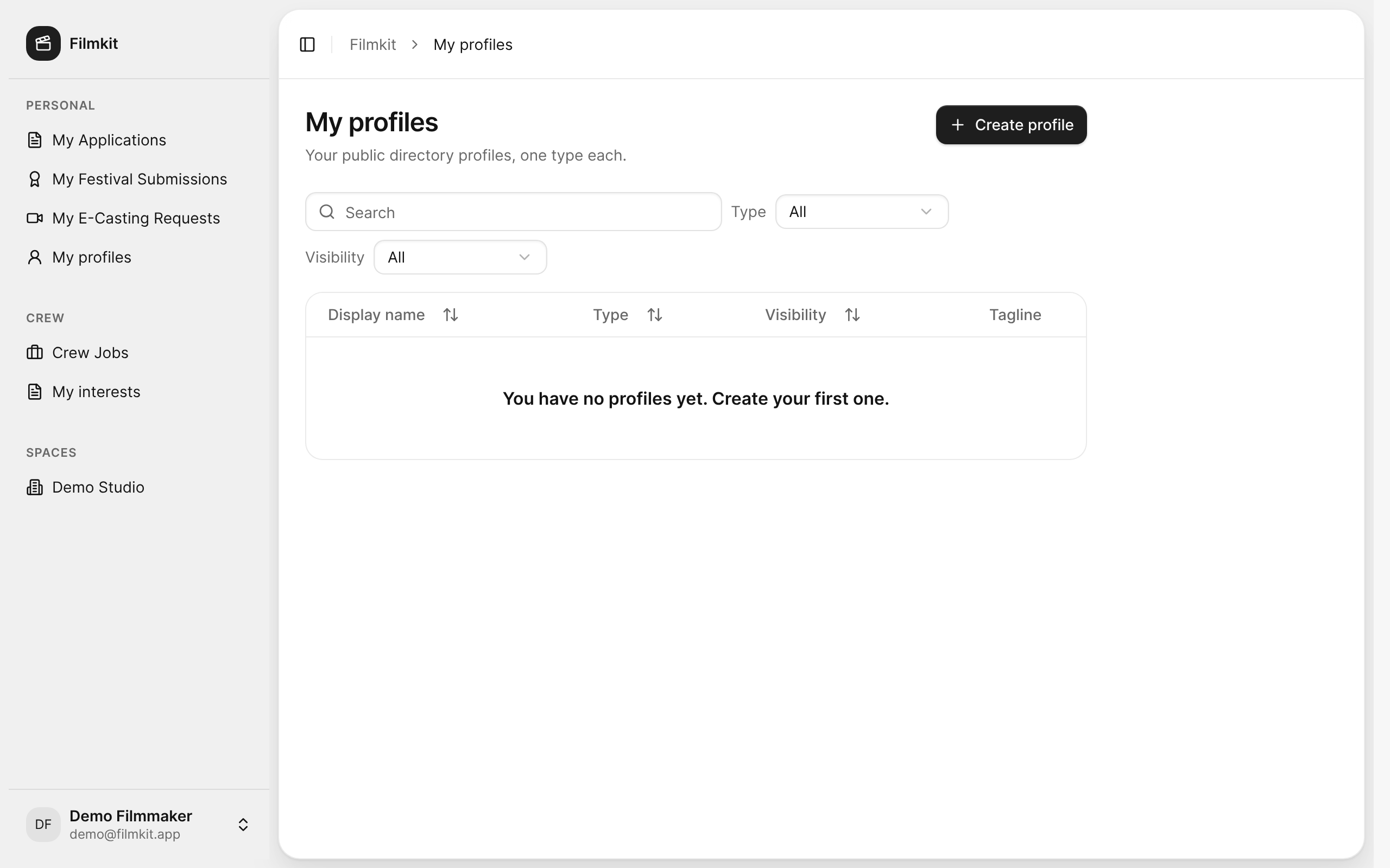The My profiles page with the Create profile button.
