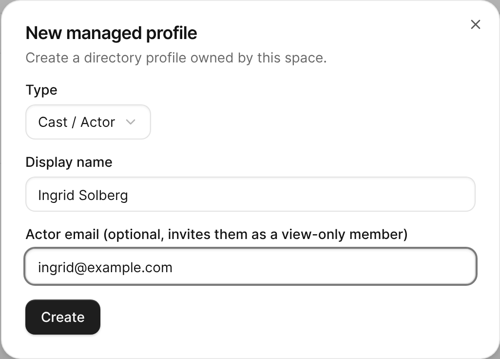 The New managed profile dialog for an actor, with a display name and the actor's email entered.