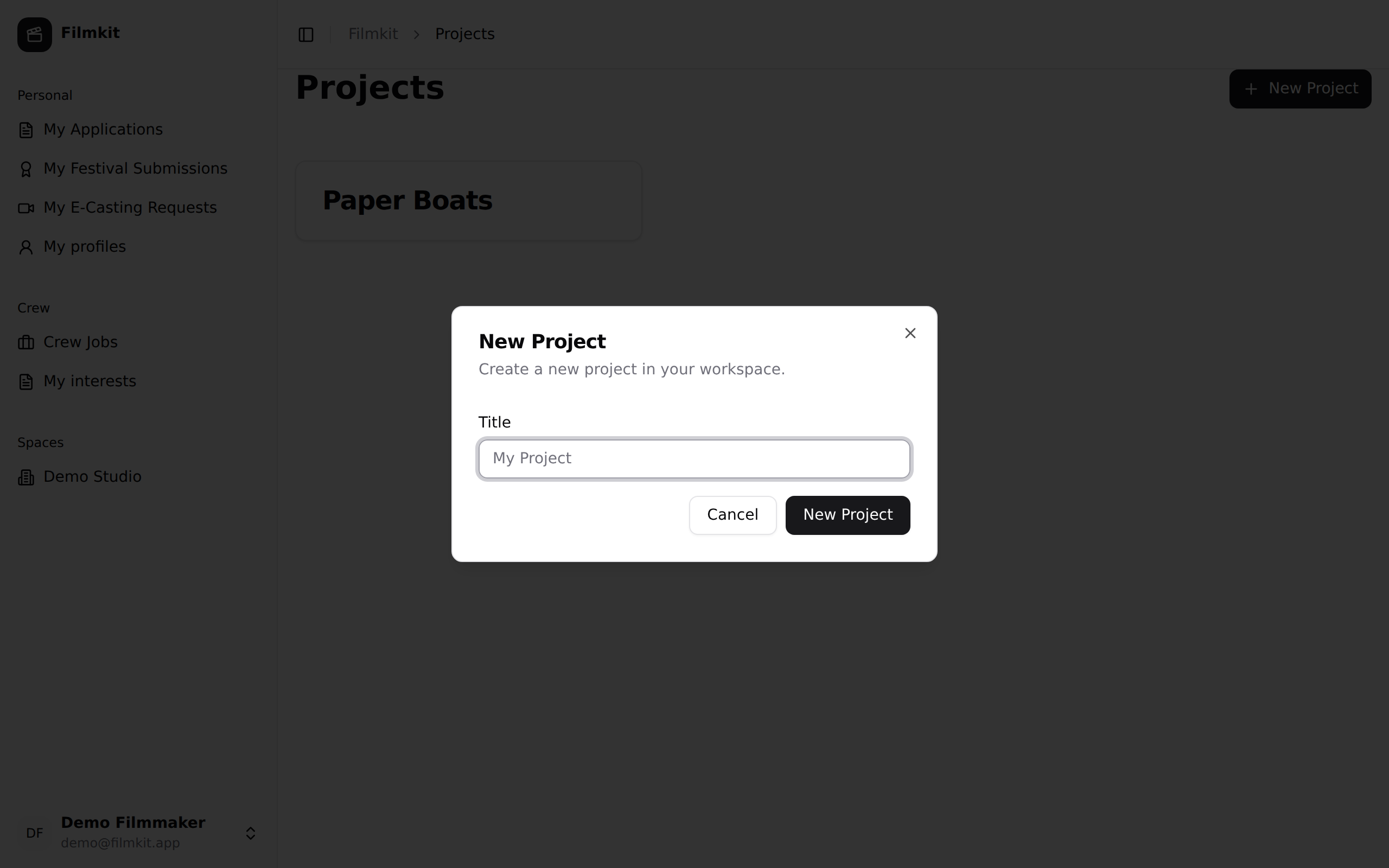 The New Project dialog — name your production and you're ready to start writing.