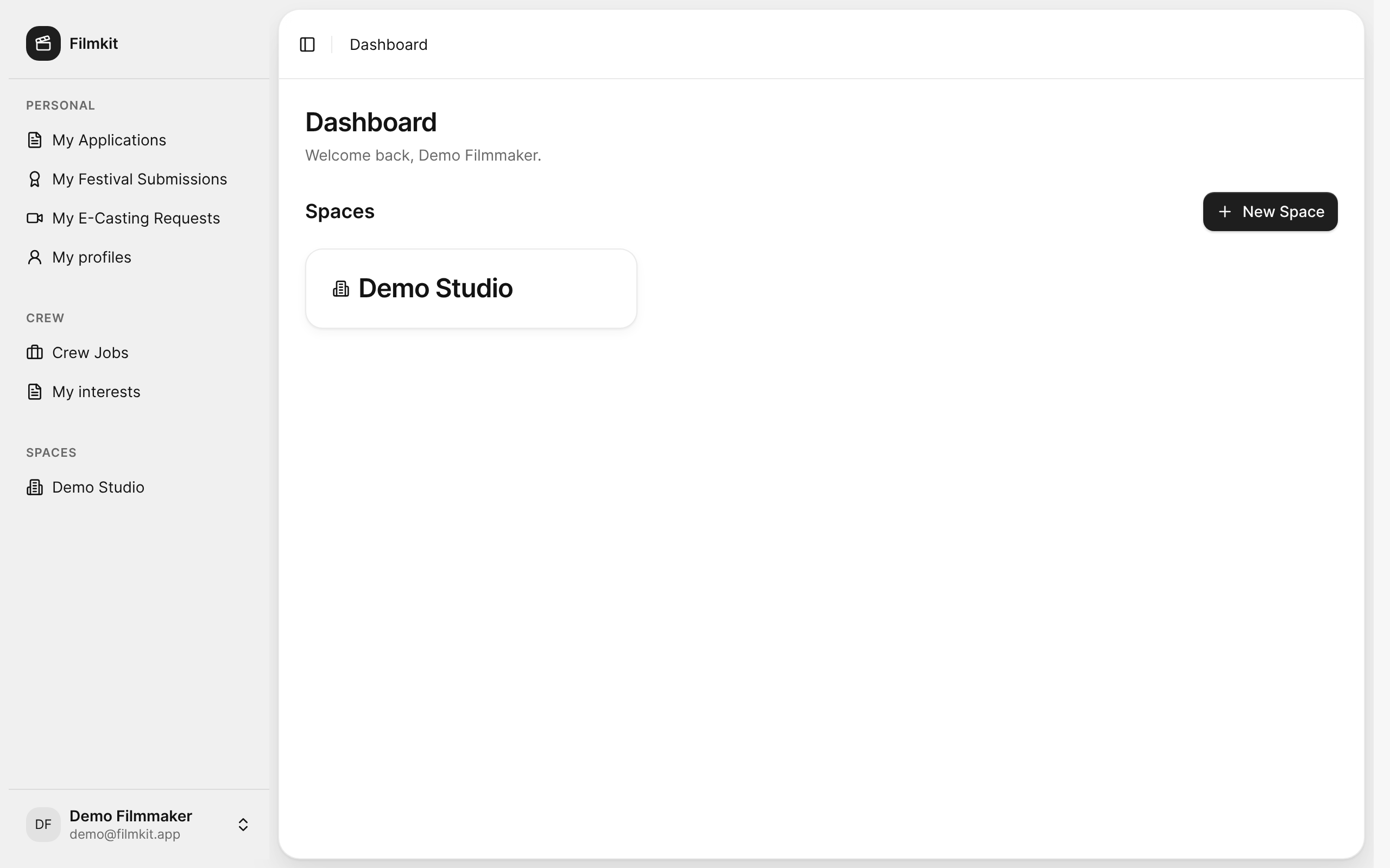 The personal dashboard showing the Demo Studio space.
