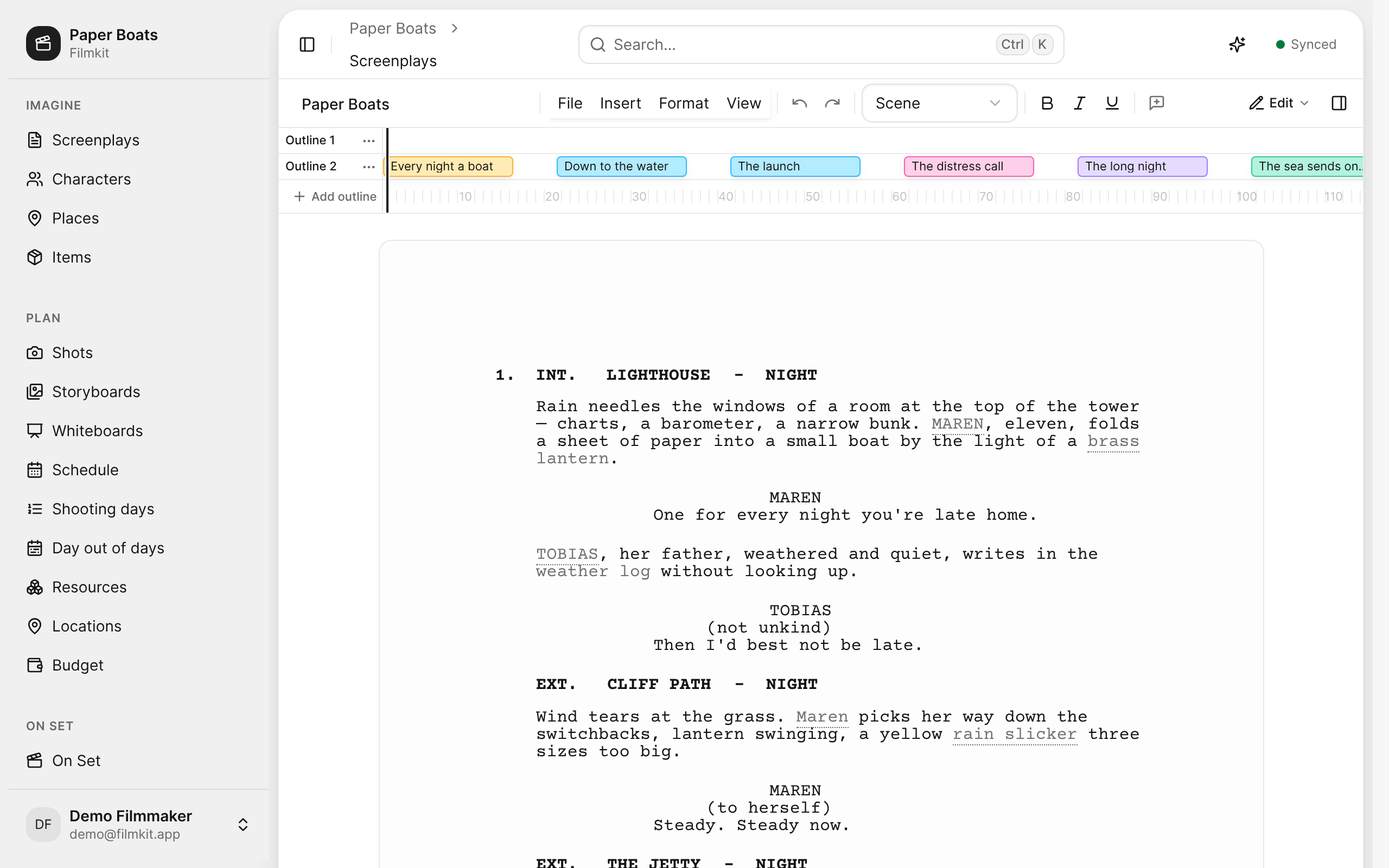 The Paper Boats screenplay open in a project, with the sidebar on the left and the page header at the top.