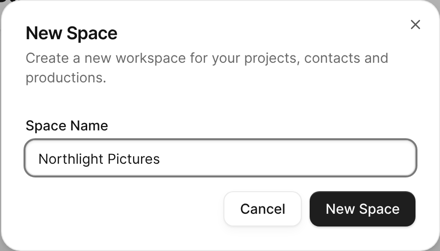 The New Space dialog with a space name entered.