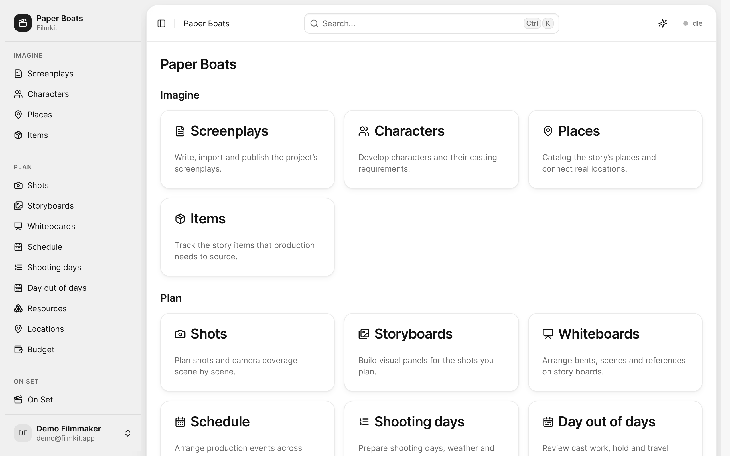 The Paper Boats project overview, grouped into Imagine, Plan, On Set, People, and Manage.