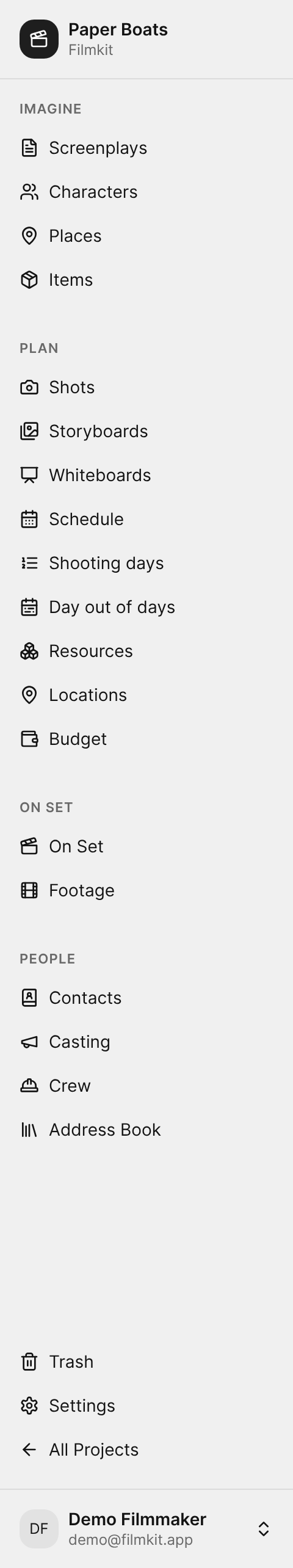 The project sidebar with the Imagine, Plan, On Set, and People groups.