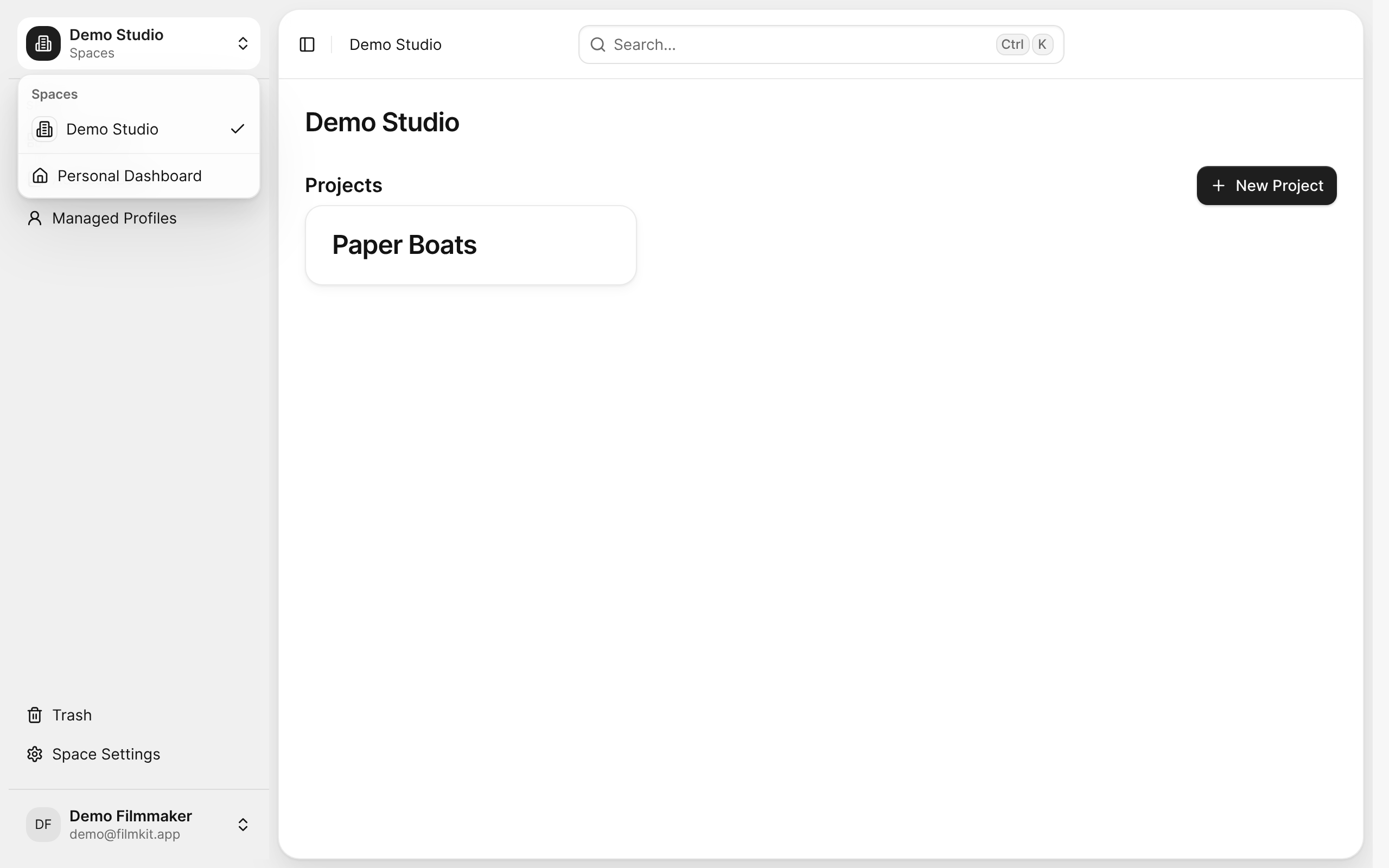 The space sidebar with the space switcher open.