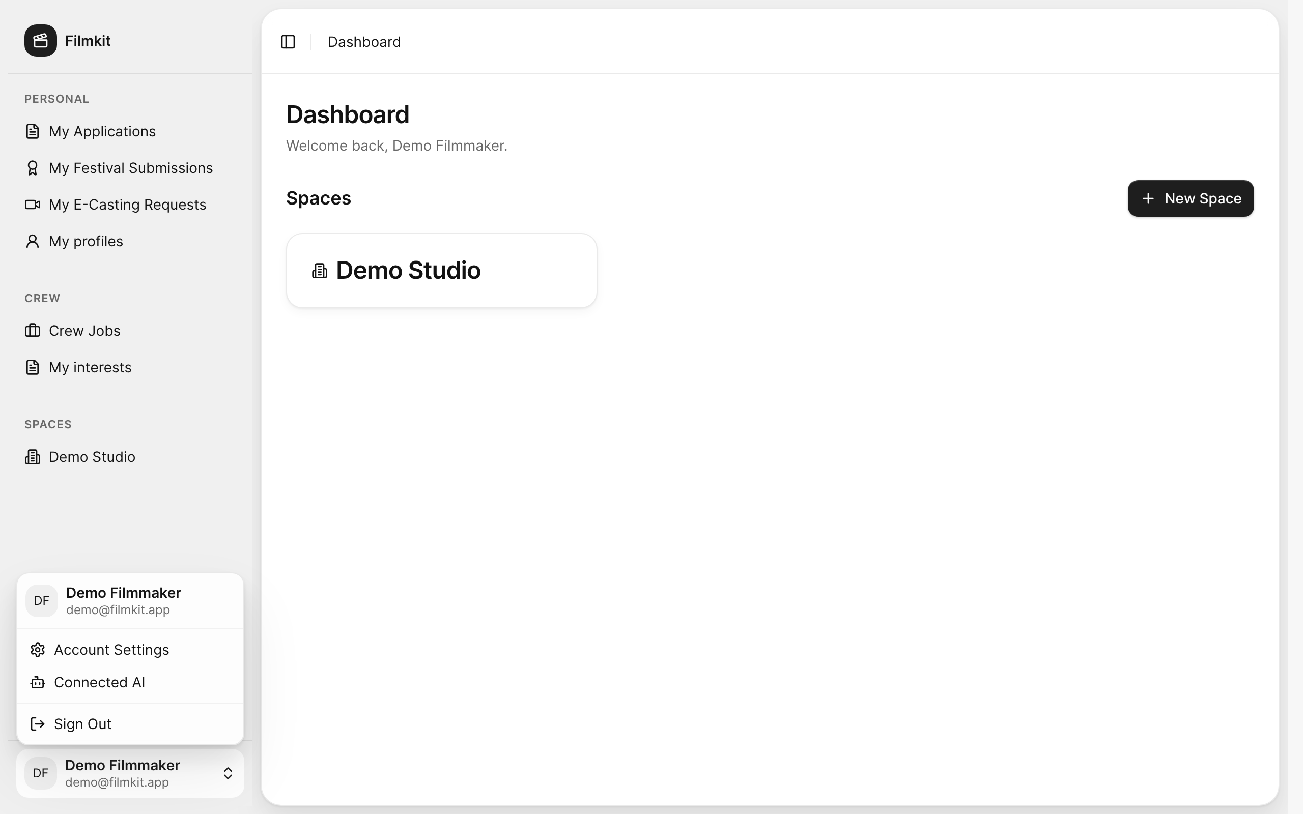 The account menu at the bottom of the sidebar, with Account Settings, Connected AI, and Sign Out.