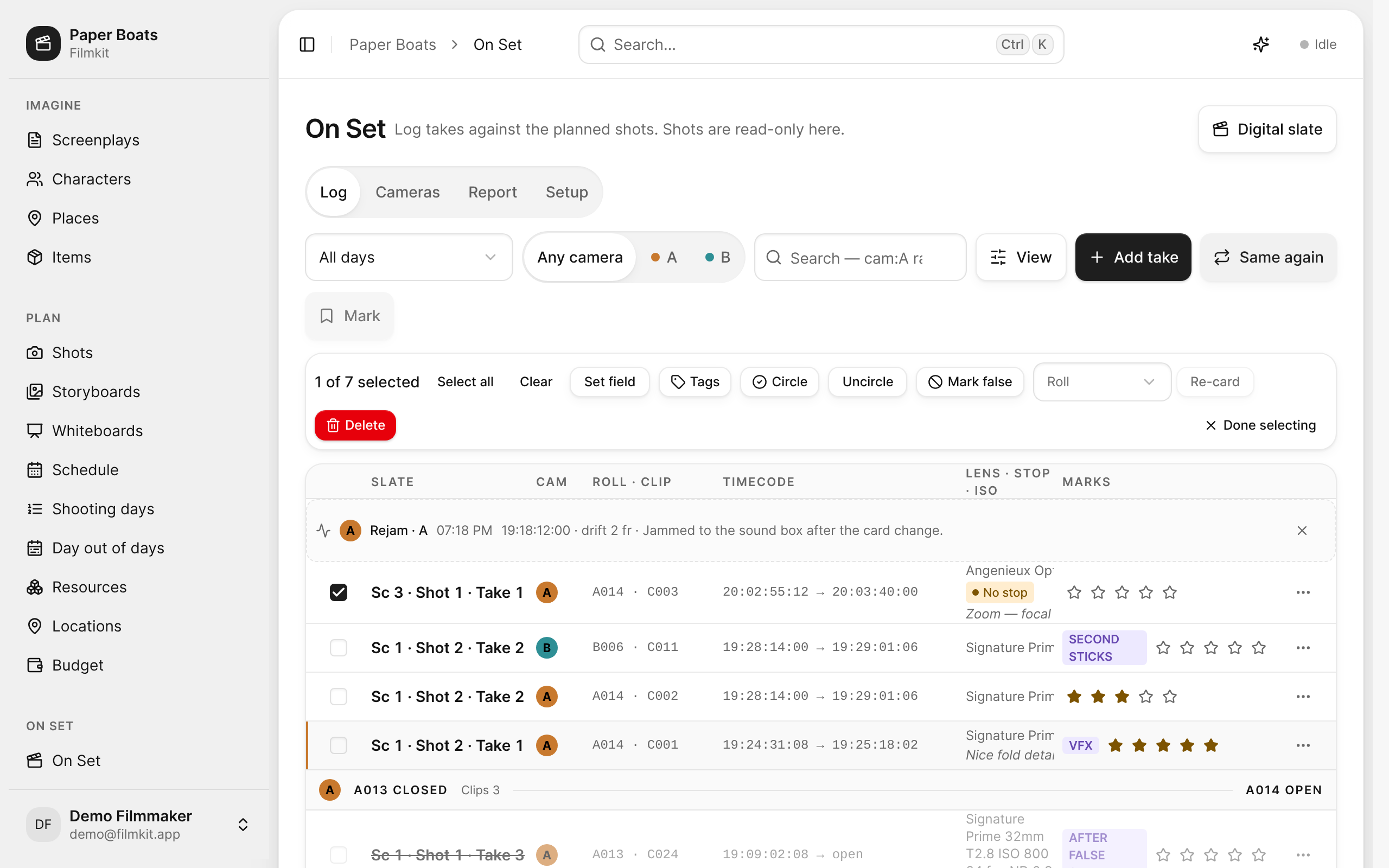 The log in selection mode, with the batch actions bar above the takes.