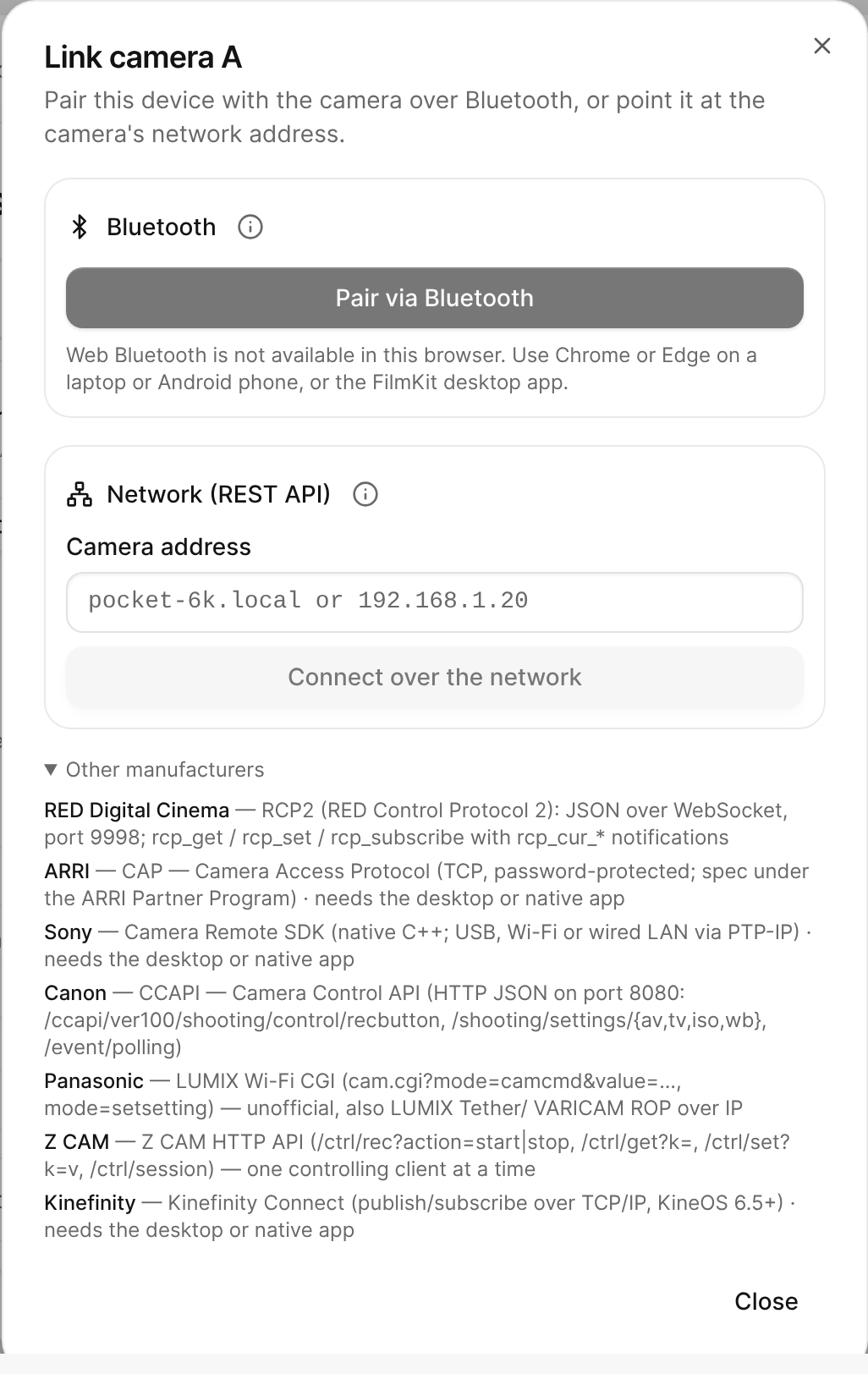 The Link camera A dialog, with Bluetooth pairing and a network address field.