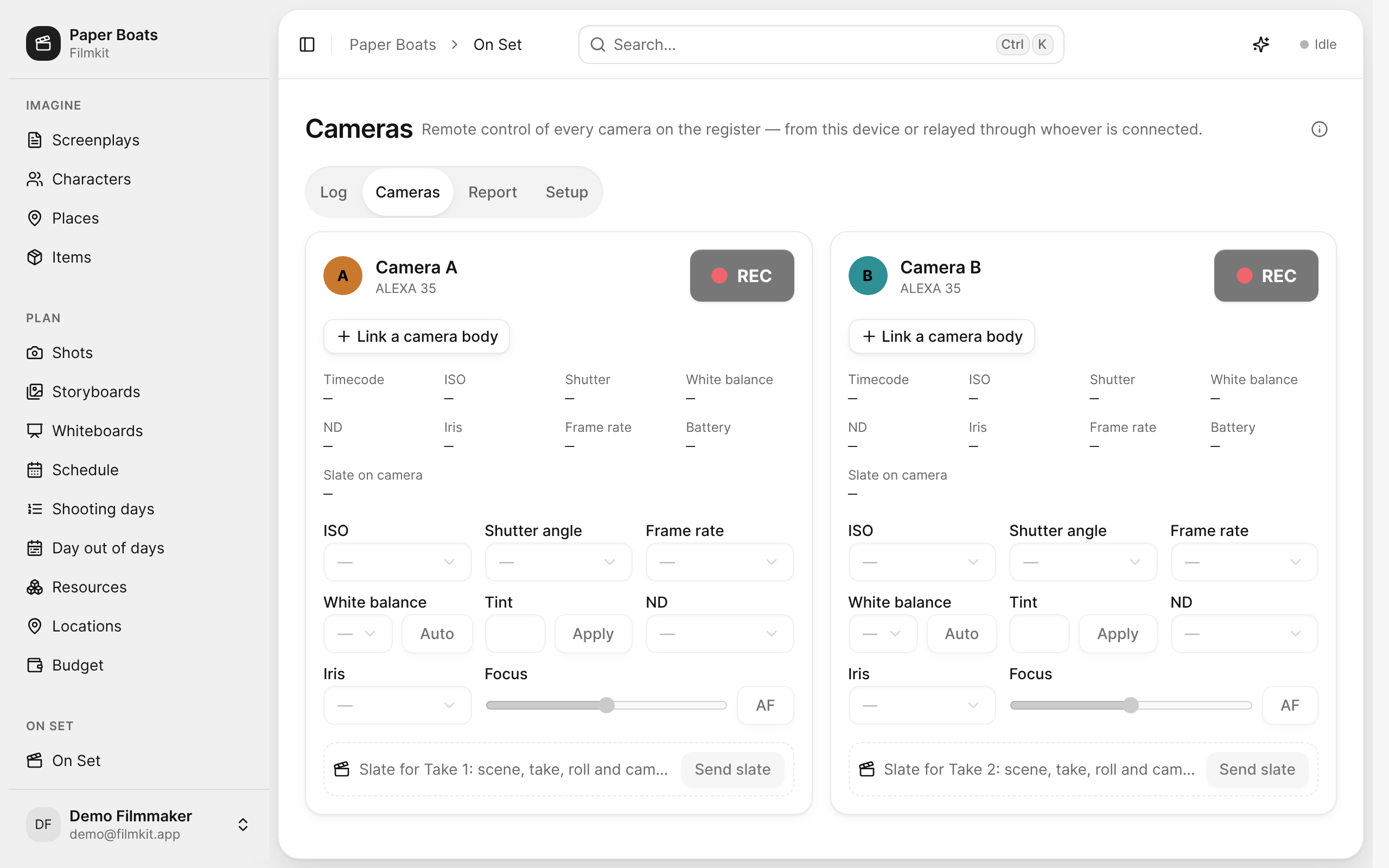 The Cameras tab with a control card for camera A and camera B.