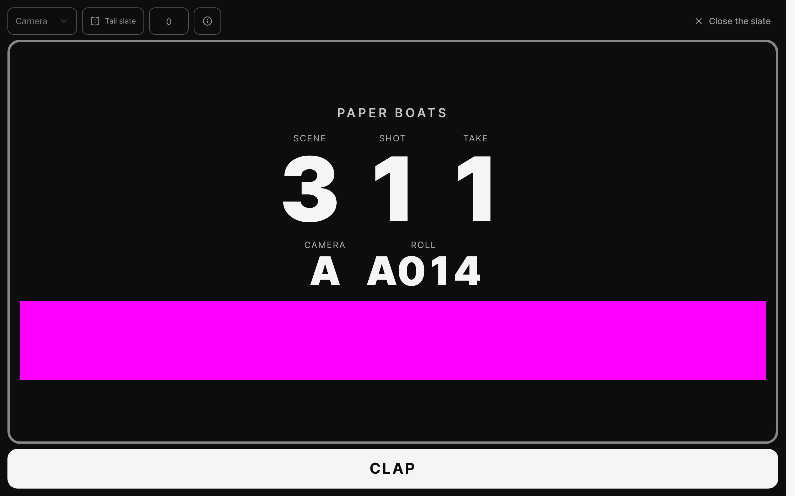 The digital slate showing scene, shot, and take for the next take, above a running timecode and the Clap button.