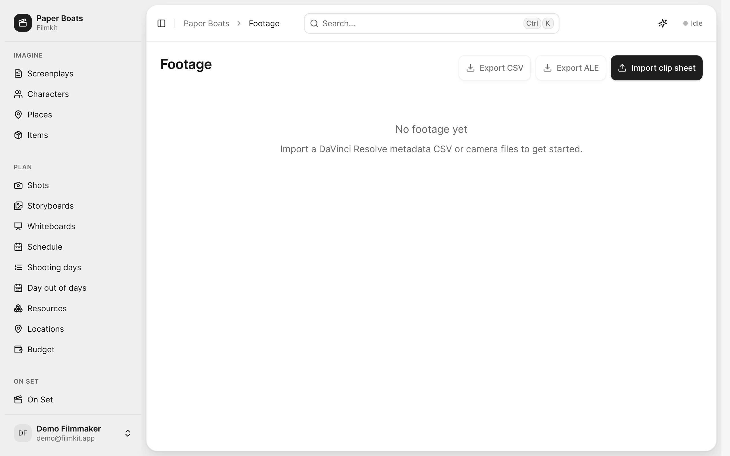 The Footage page before any clips are imported, with Export CSV, Export ALE, and Import clip sheet.