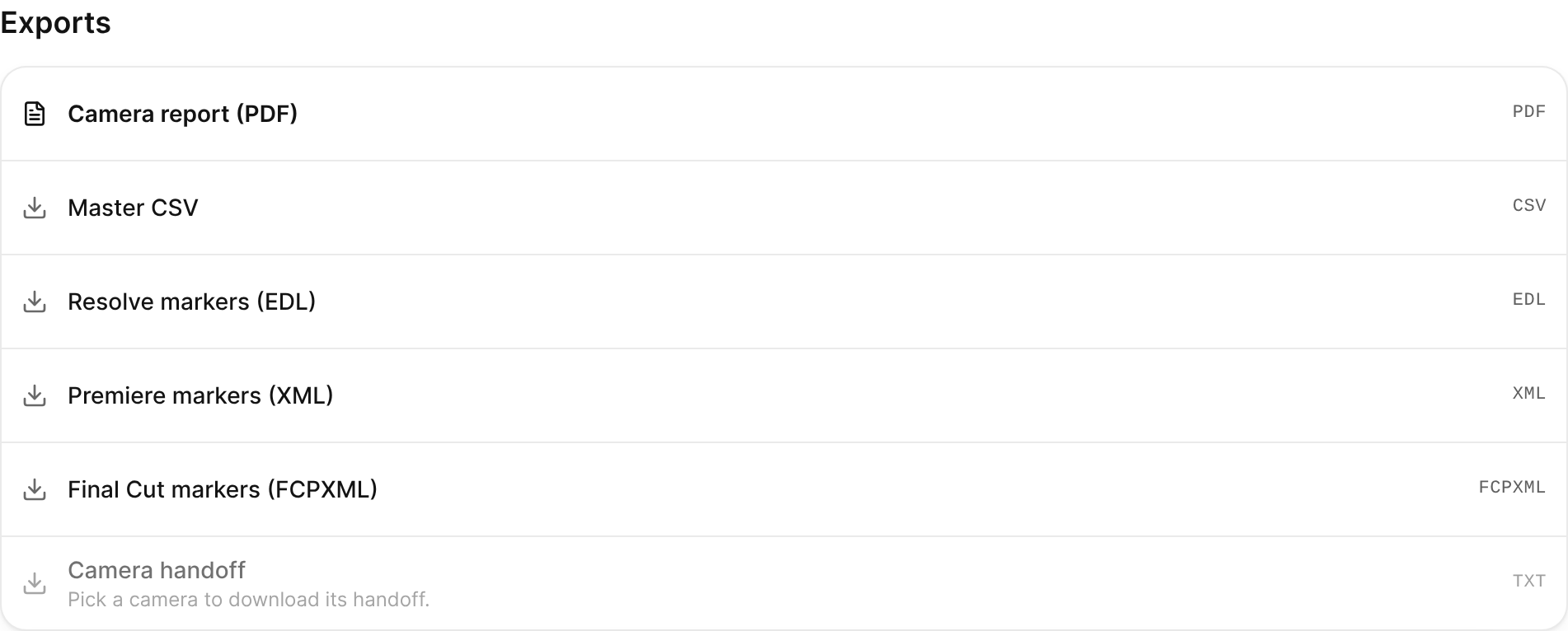 The Exports list, led by Camera report (PDF), followed by the CSV, marker, and handoff downloads.