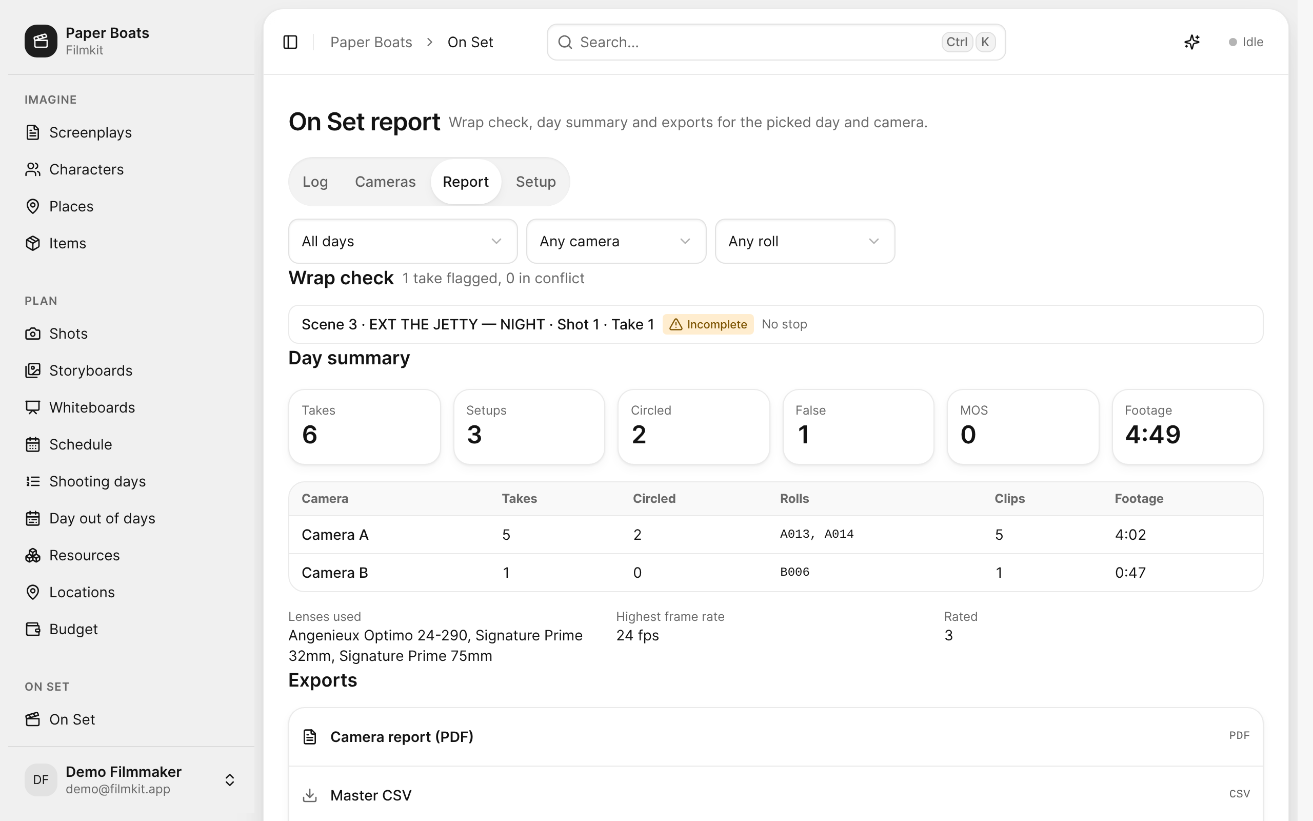 The Report tab, with the wrap check flagging one take and the day summary below.