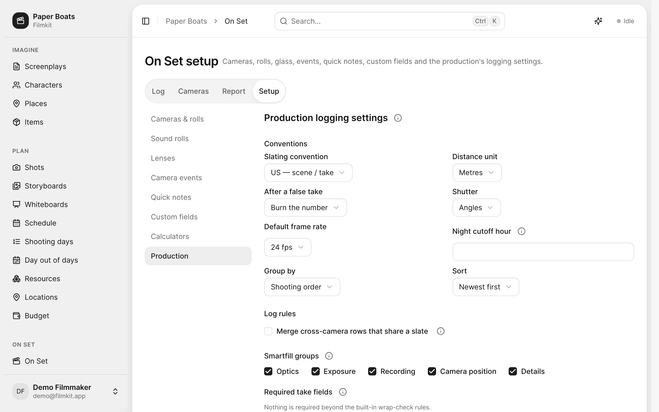 The production logging settings, with the slating convention, units, and log rules.