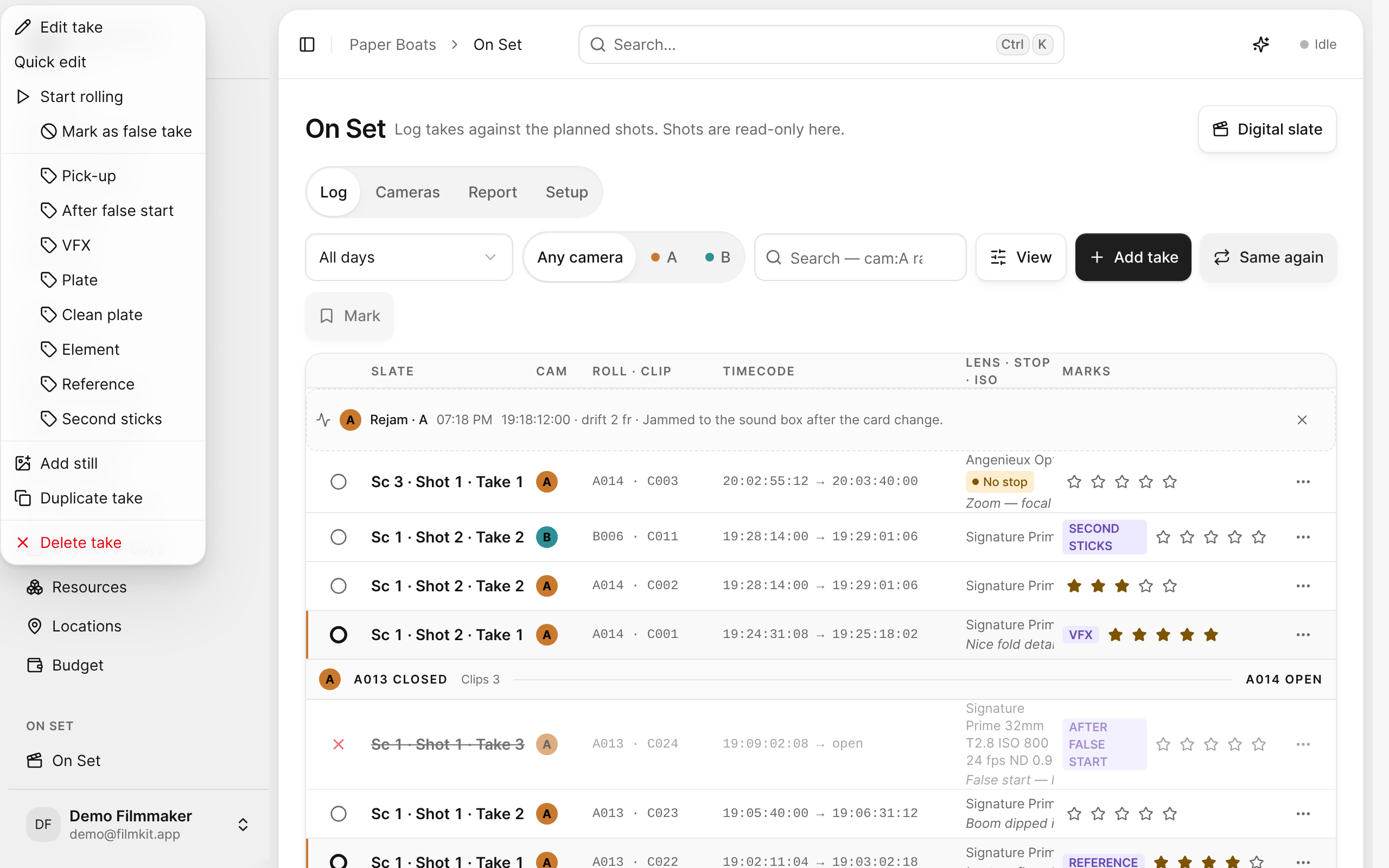 A take's More actions menu, with Edit take, Start rolling, Mark as false take, tags, and Delete take.