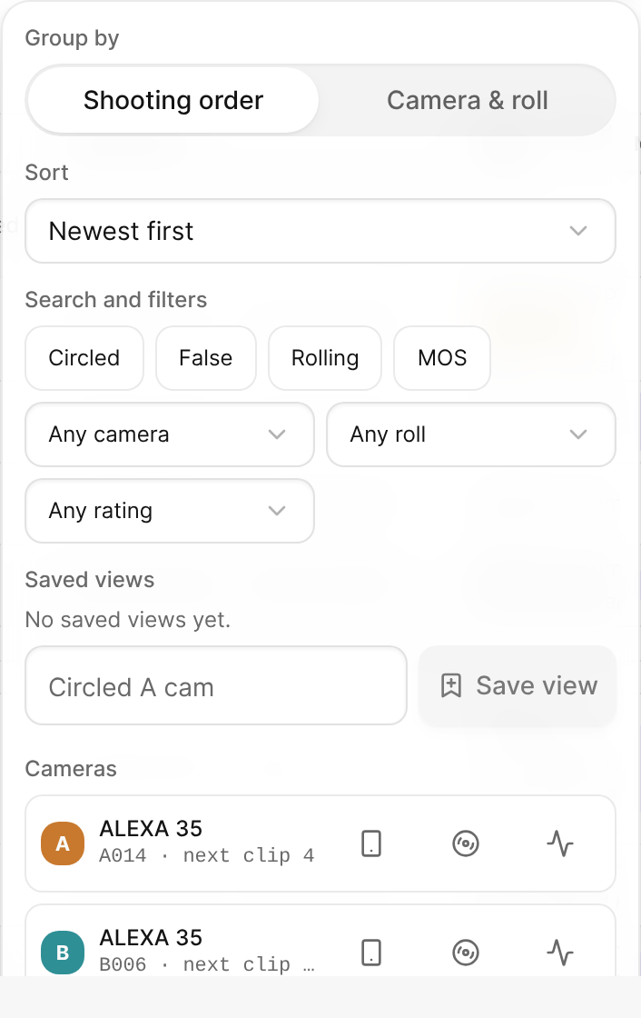 The View menu of the log, with grouping, sort, filters, saved views, and the camera list.