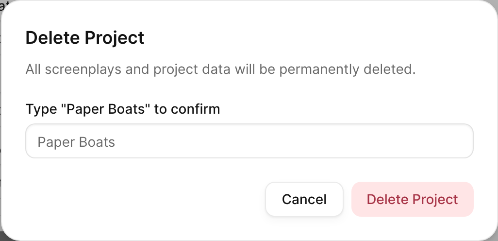 The Delete Project dialog, which asks you to type the project title and hold the button.