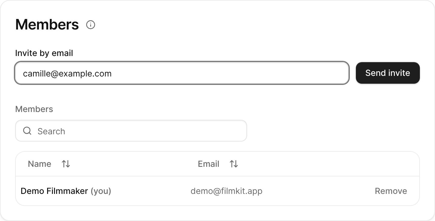 The Members card in Space Settings with an email address entered.