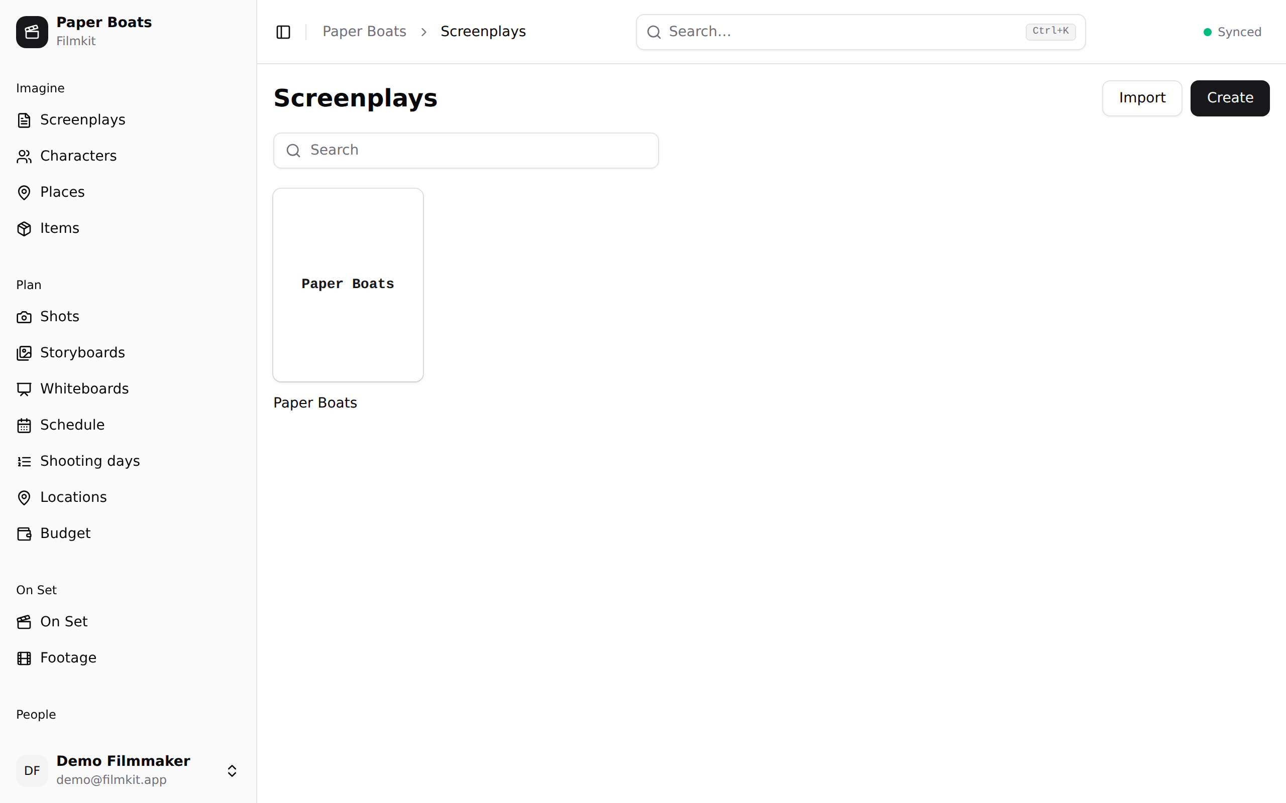 Inside a project: the screenplay, characters, schedule, casting, and storyboards, all behind one navigation rail.