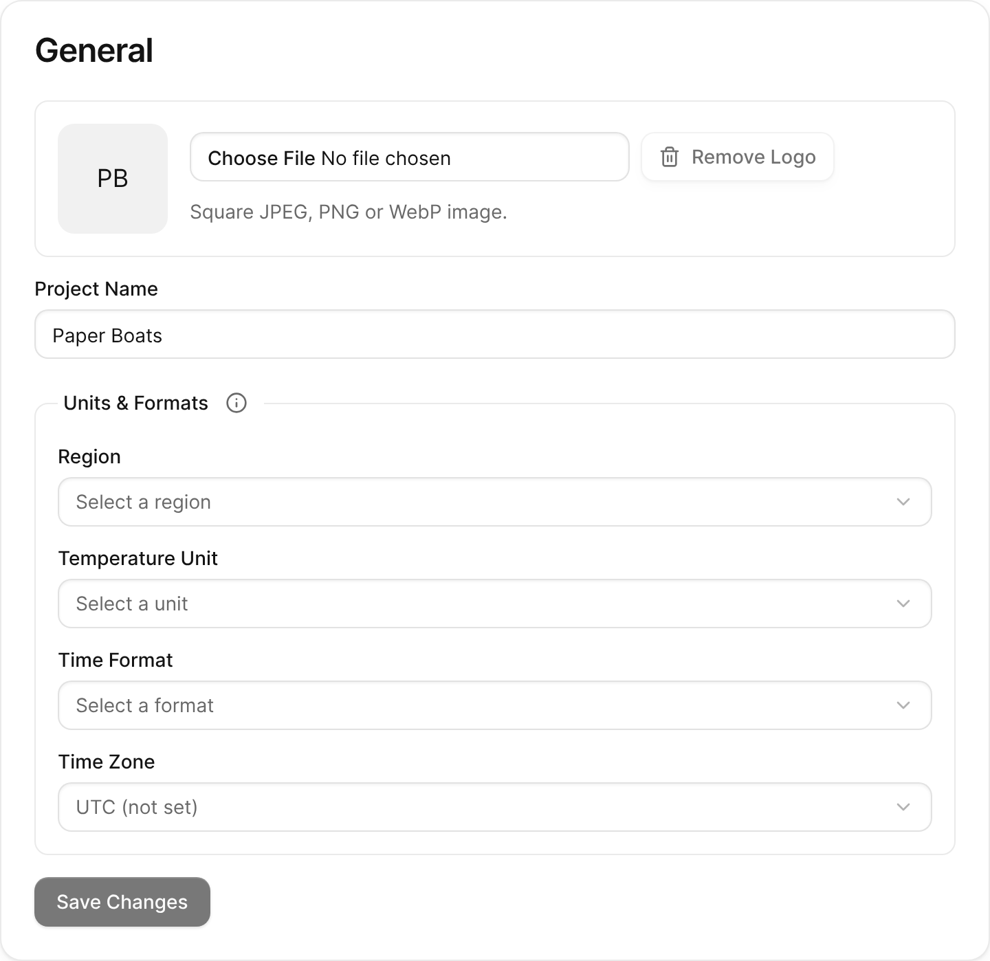 The General card in project Settings with the project name and the Units & Formats options.